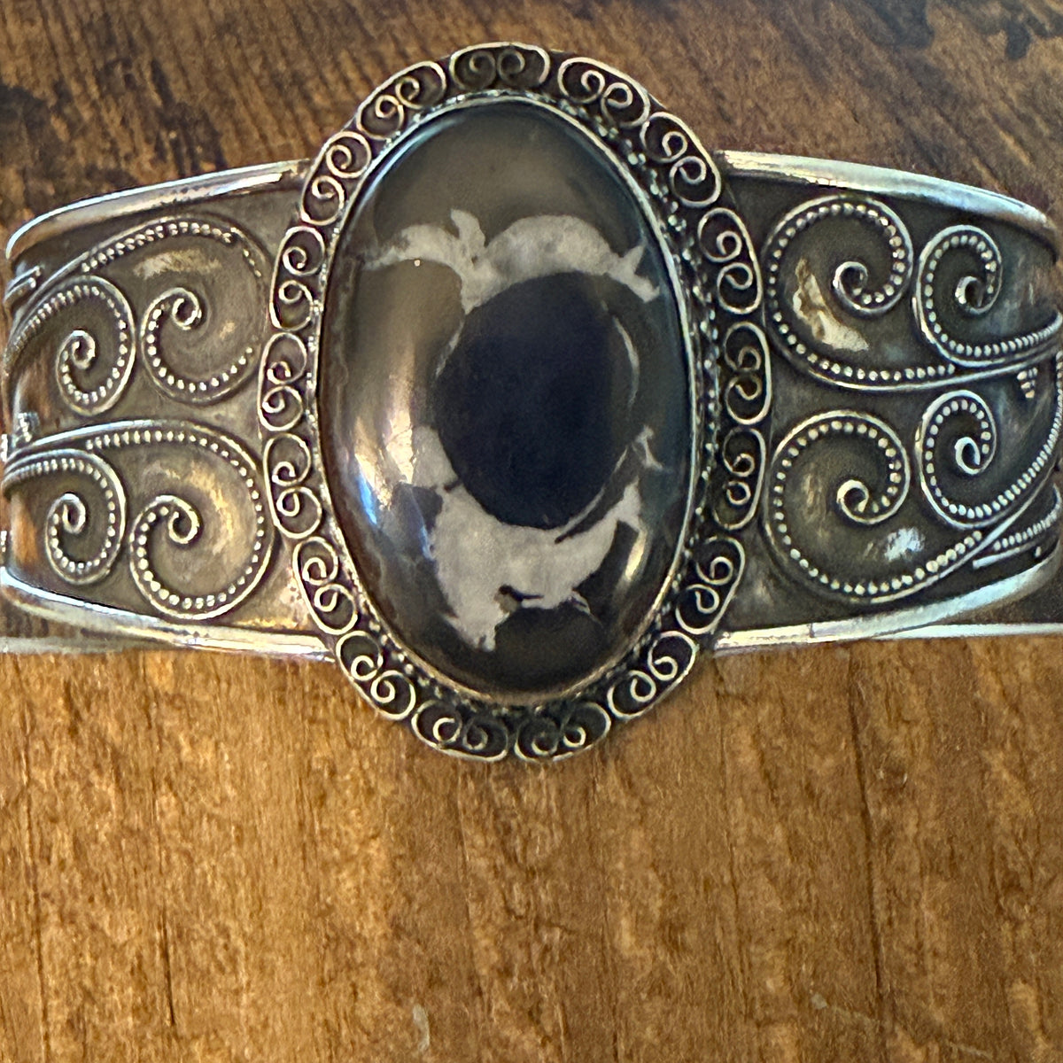 Oval Moroccan Mud Crack Fossil Vintage Cuff Bracelet 925 Sterling Silver Silver Elegant