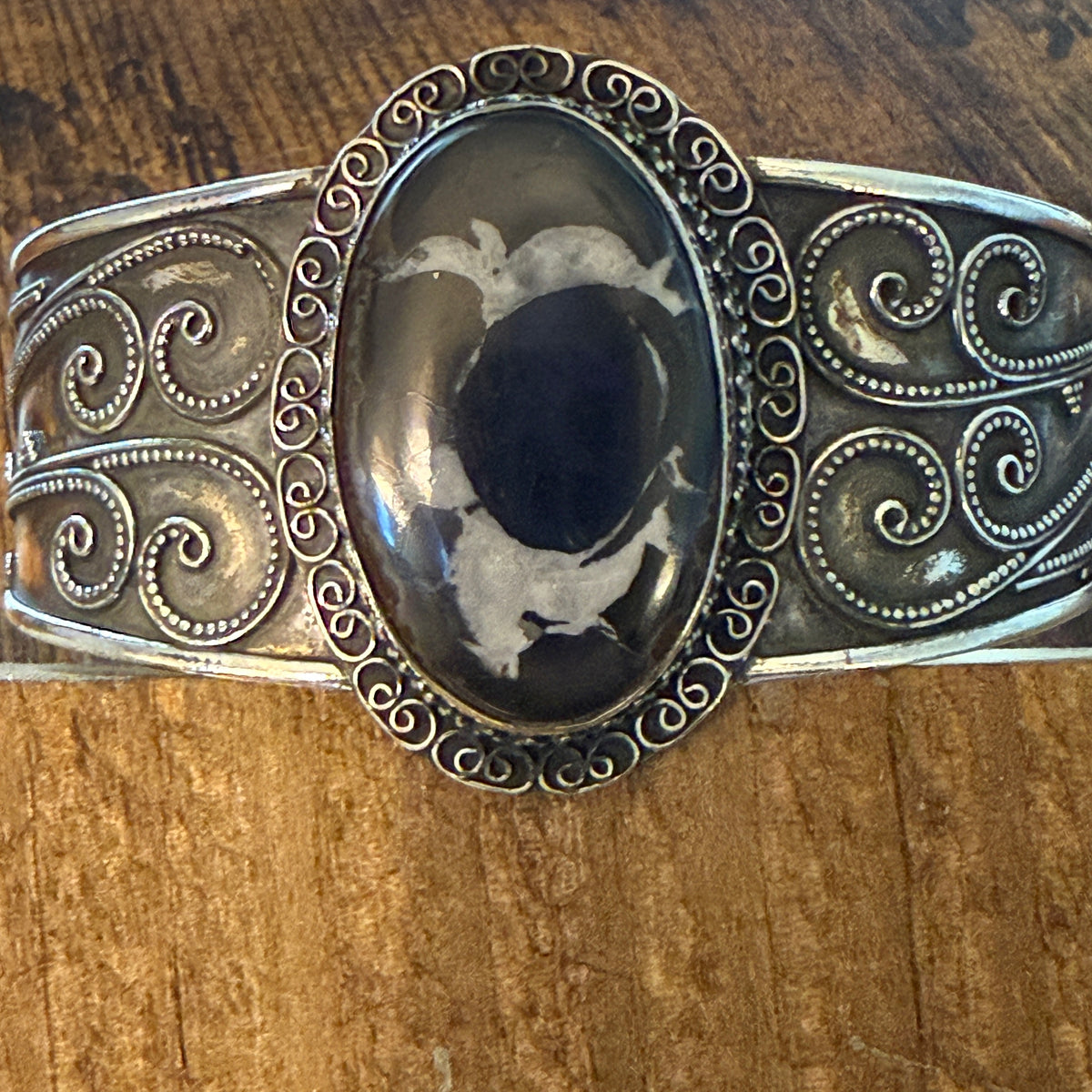 Oval Moroccan Mud Crack Fossil Vintage Cuff Bracelet 925 Sterling Silver Silver Elegant
