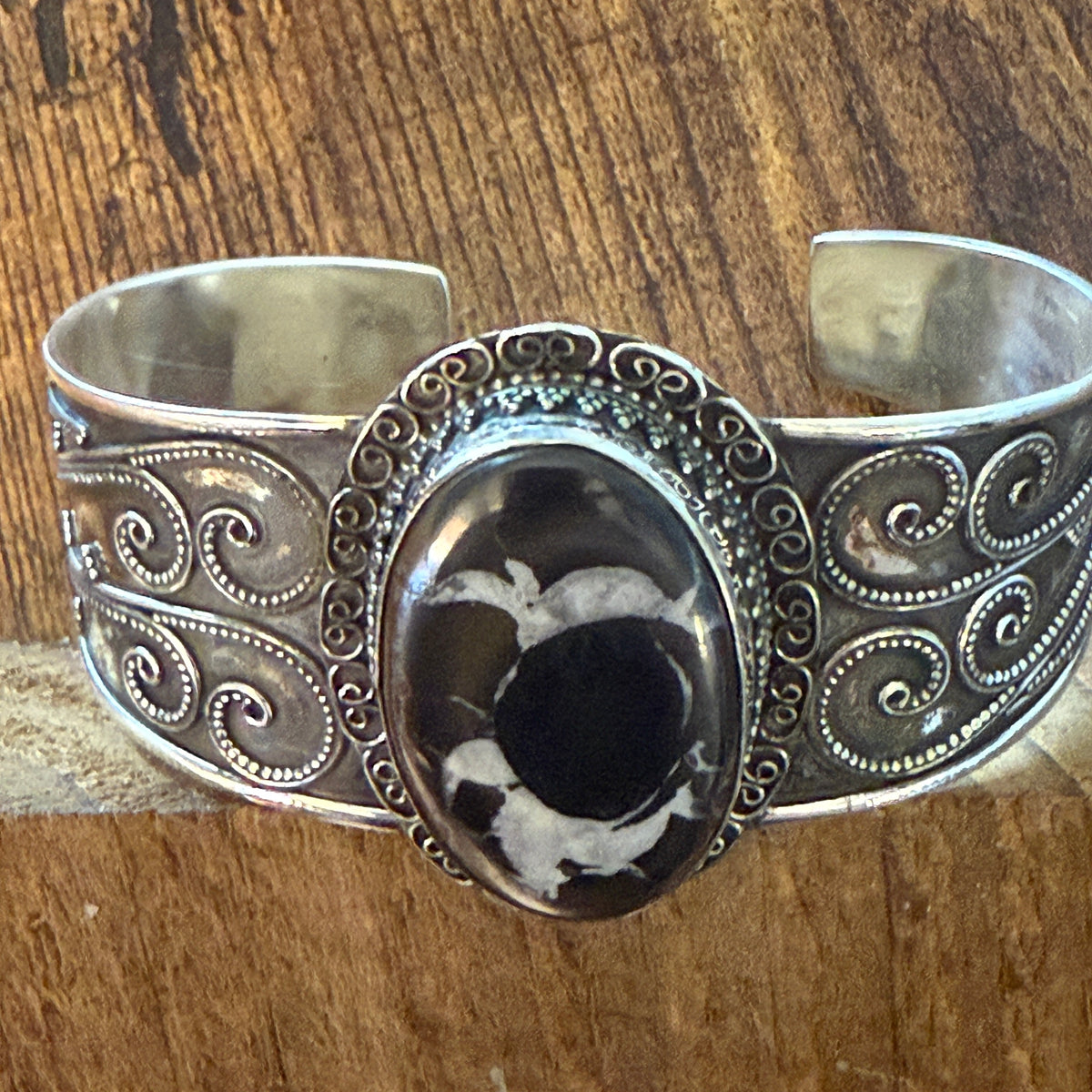 Oval Moroccan Mud Crack Fossil Vintage Cuff Bracelet 925 Sterling Silver Silver Elegant