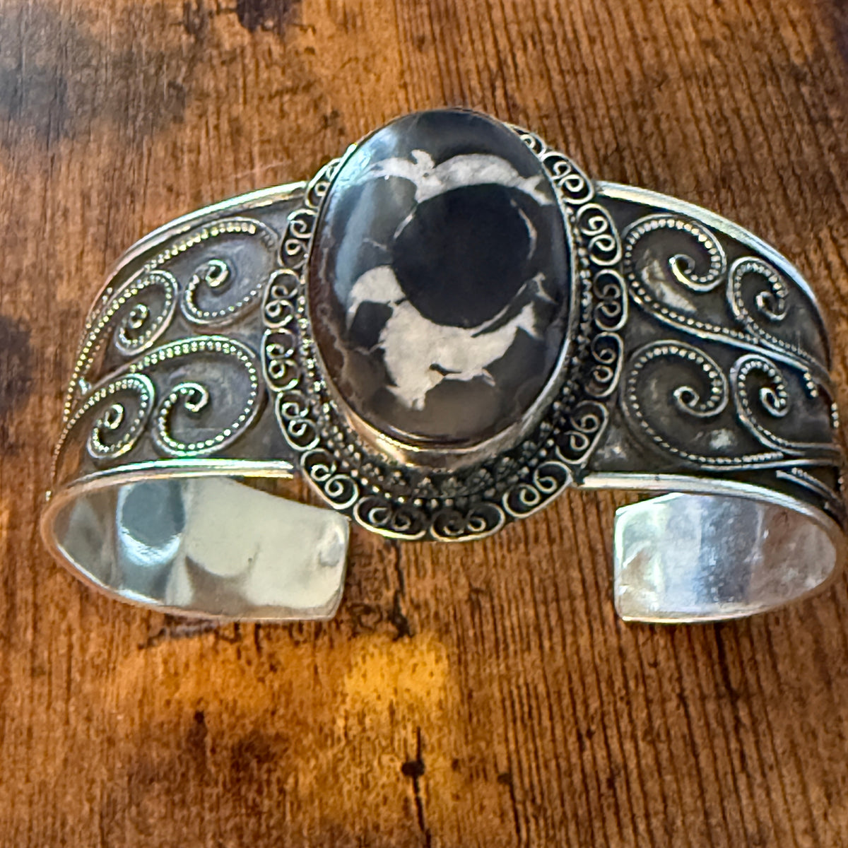 Oval Moroccan Mud Crack Fossil Vintage Cuff Bracelet 925 Sterling Silver Silver Elegant