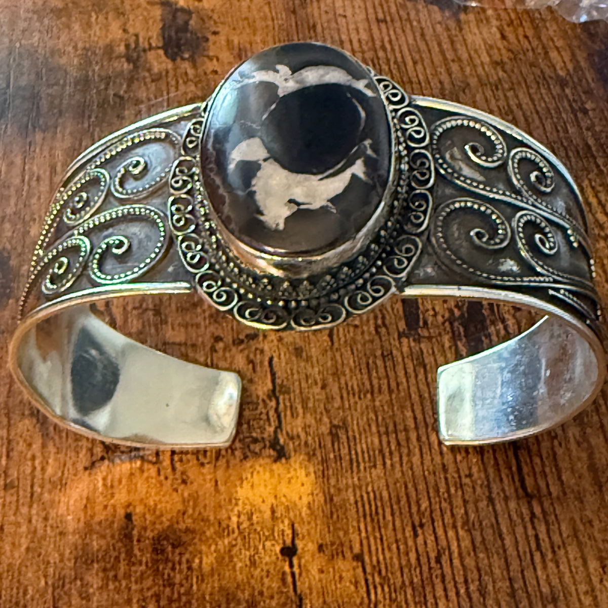 Oval Moroccan Mud Crack Fossil Vintage Cuff Bracelet 925 Sterling Silver Silver Elegant