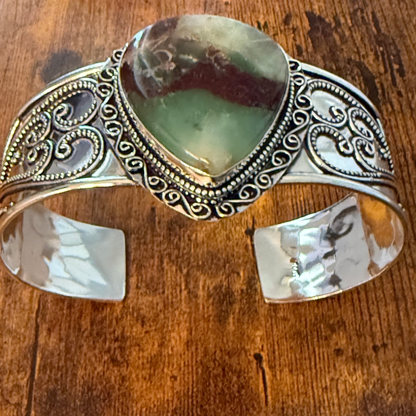 Chrysoprase Natural Gemstone 925 Sterling Silver Cuff Bangle Adjustable Silver Elegant