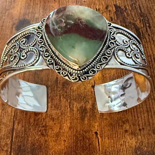 Chrysoprase Natural Gemstone 925 Sterling Silver Cuff Bangle Adjustable Silver Elegant