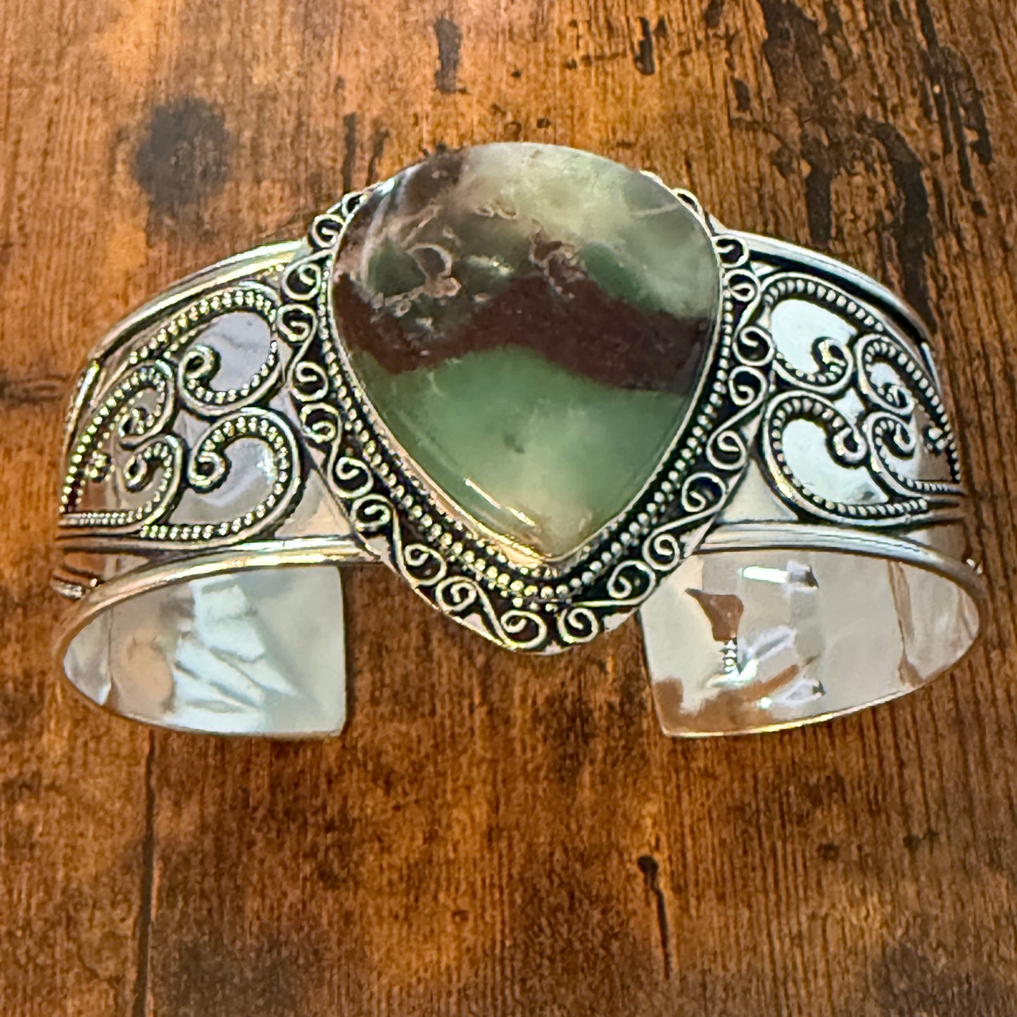 Chrysoprase Natural Gemstone 925 Sterling Silver Cuff Bangle Adjustable Silver Elegant
