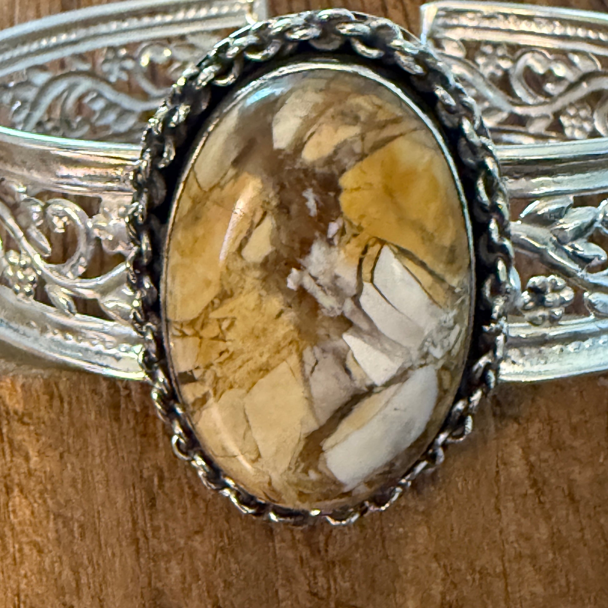 Golden Yellow Dahlia Oval Stone Sterling Silver Filigree Cuff Bracelet Silver Elegant