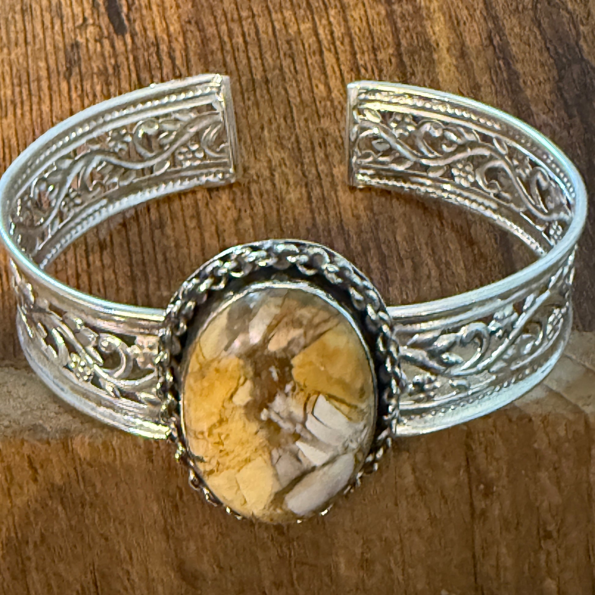 Golden Yellow Dahlia Oval Stone Sterling Silver Filigree Cuff Bracelet Silver Elegant