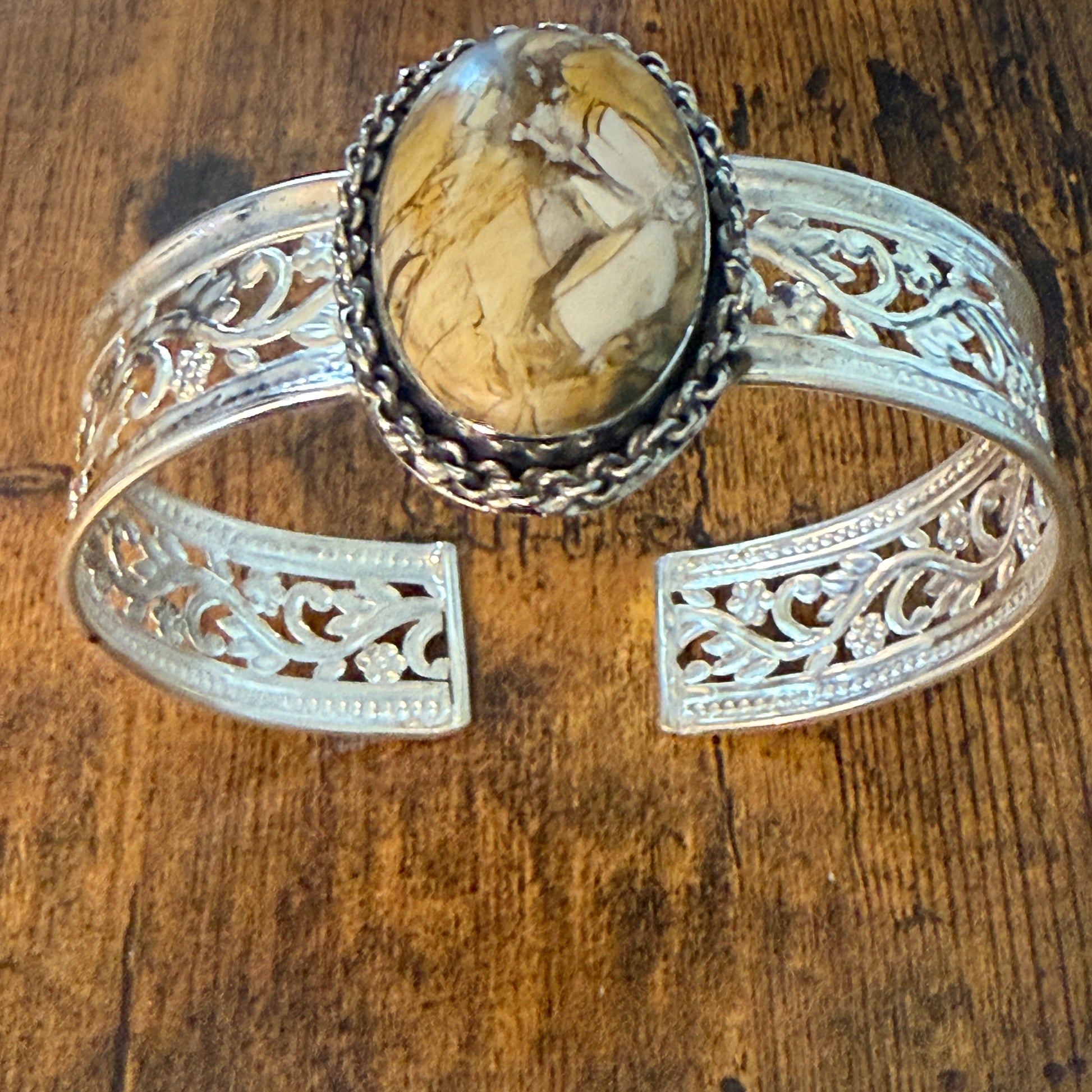 Golden Yellow Dahlia Oval Stone Sterling Silver Filigree Cuff Bracelet Silver Elegant