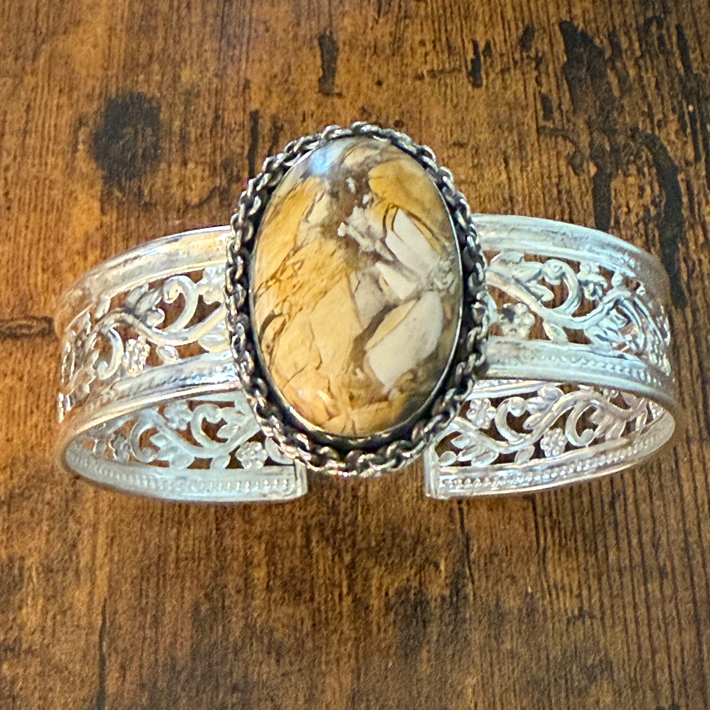 Golden Yellow Dahlia Oval Stone Sterling Silver Filigree Cuff Bracelet Silver Elegant