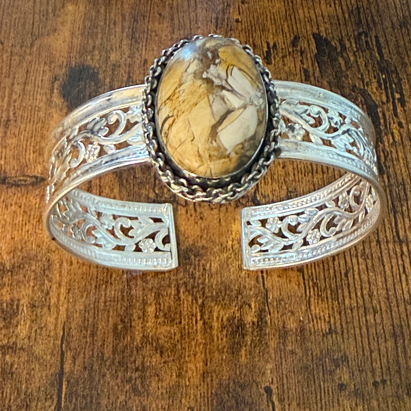 Golden Yellow Dahlia Oval Stone Sterling Silver Filigree Cuff Bracelet Silver Elegant