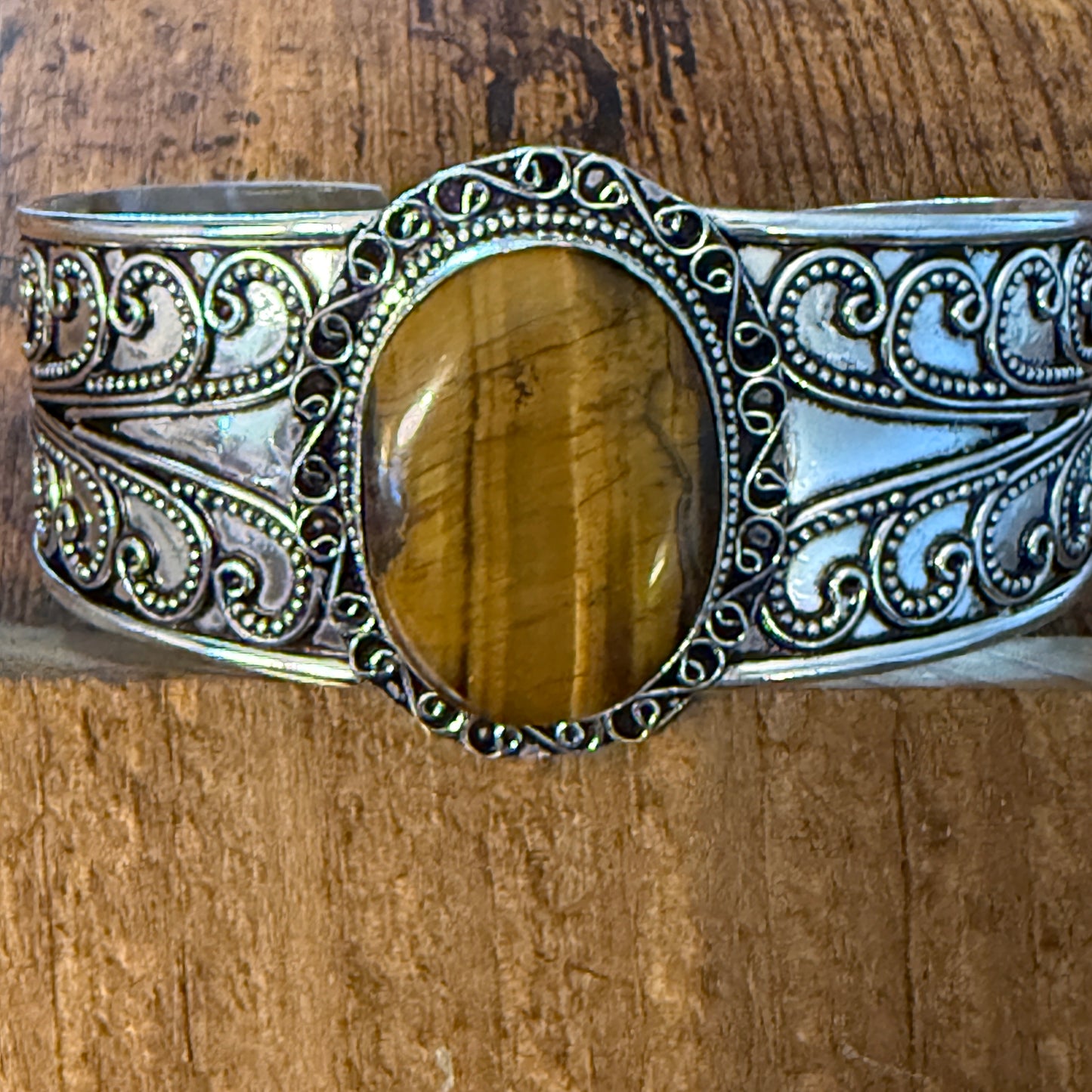 Natural Tiger Eye Gemstone Sterling Silver Cuff Bangle Adjustable Silver Elegant
