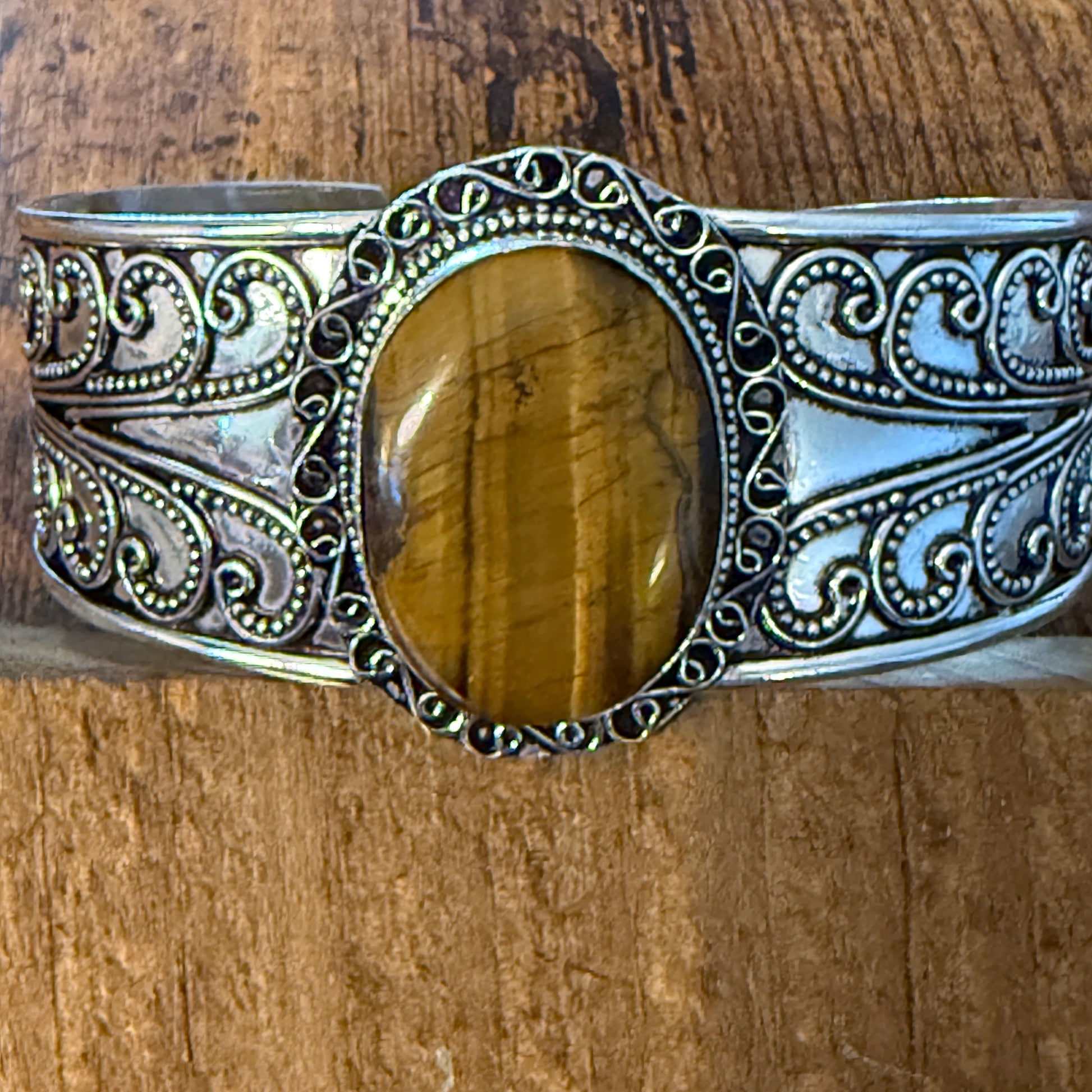 Natural Tiger Eye Gemstone Sterling Silver Cuff Bangle Adjustable Silver Elegant