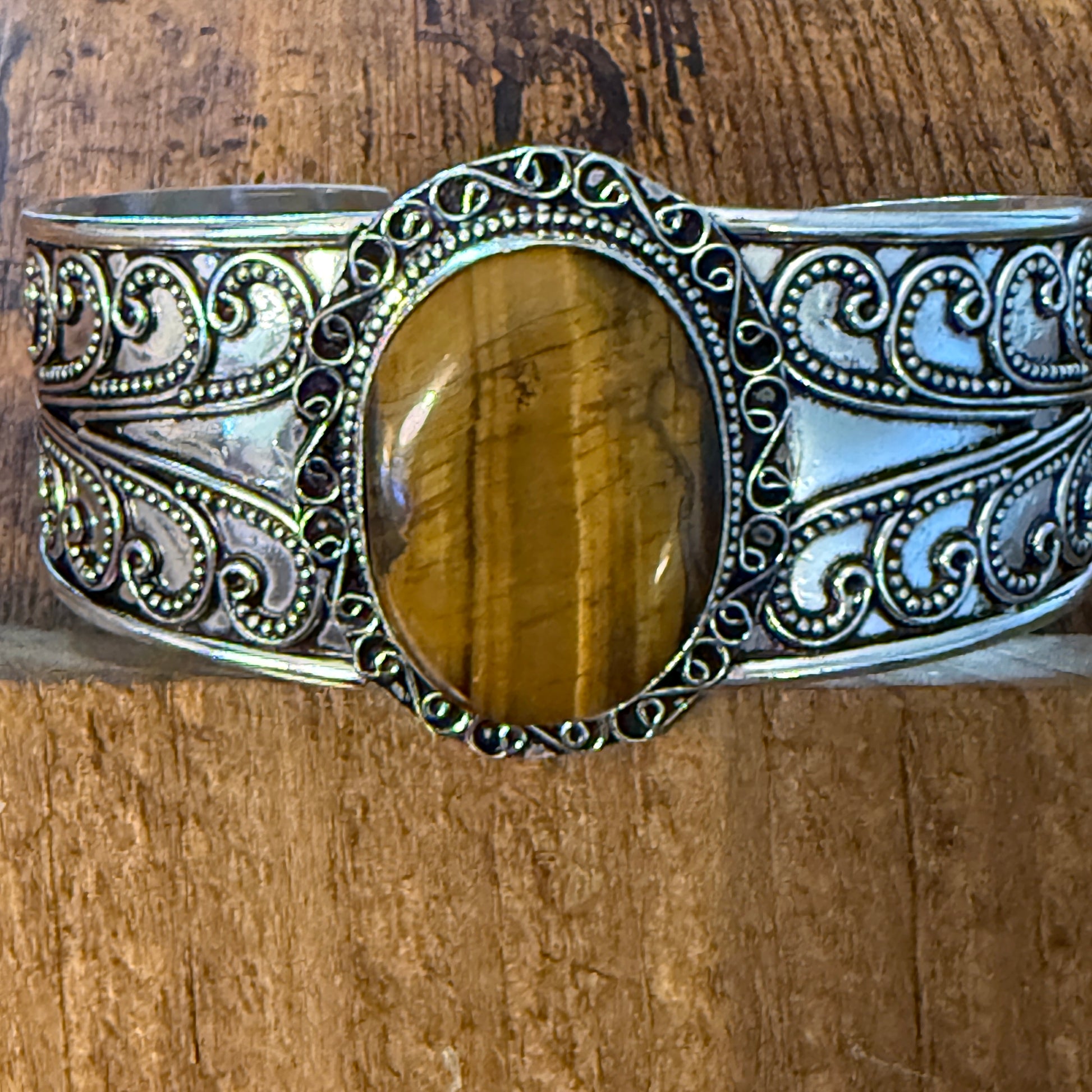 Natural Tiger Eye Gemstone Sterling Silver Cuff Bangle Adjustable Silver Elegant
