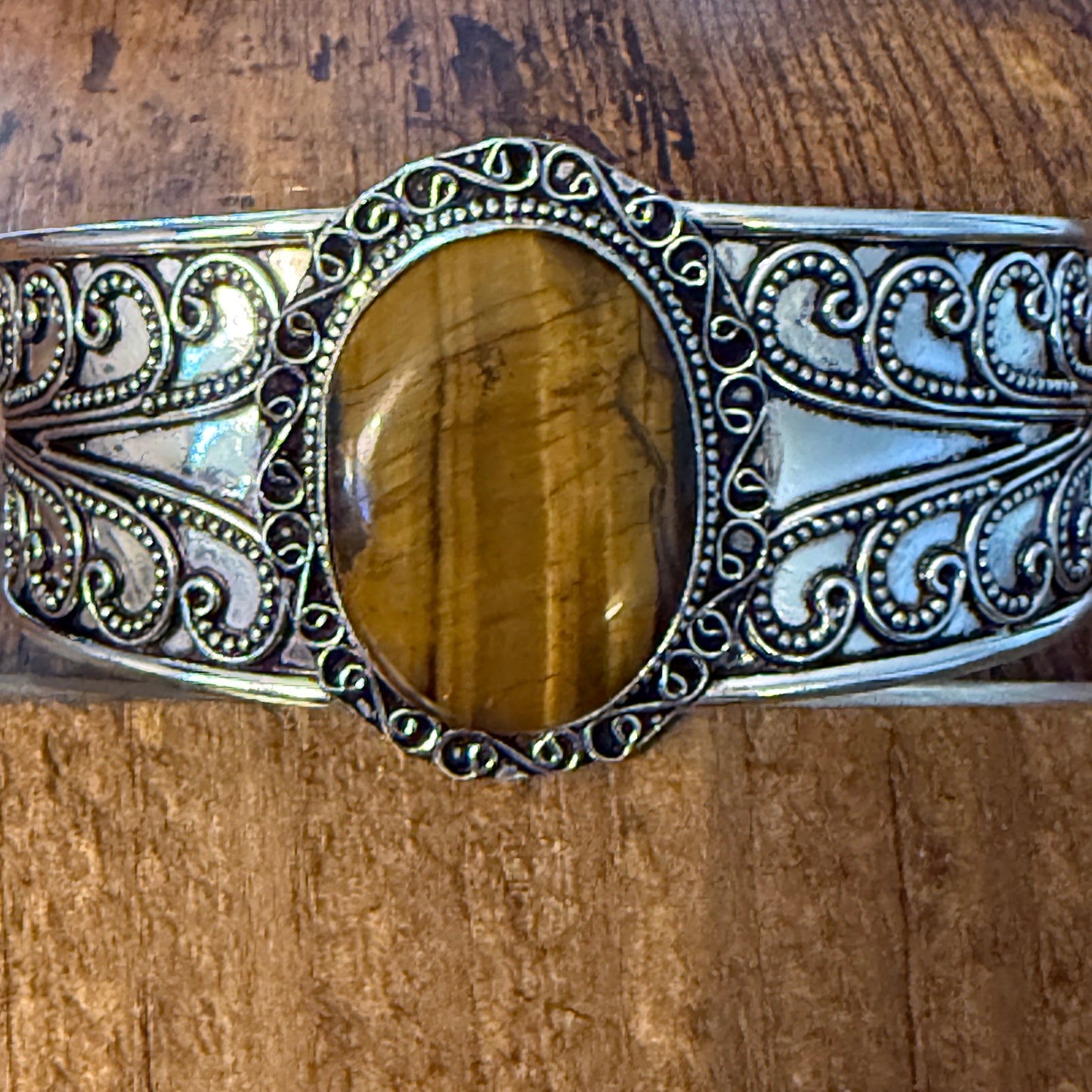 Natural Tiger Eye Gemstone Sterling Silver Cuff Bangle Adjustable Silver Elegant