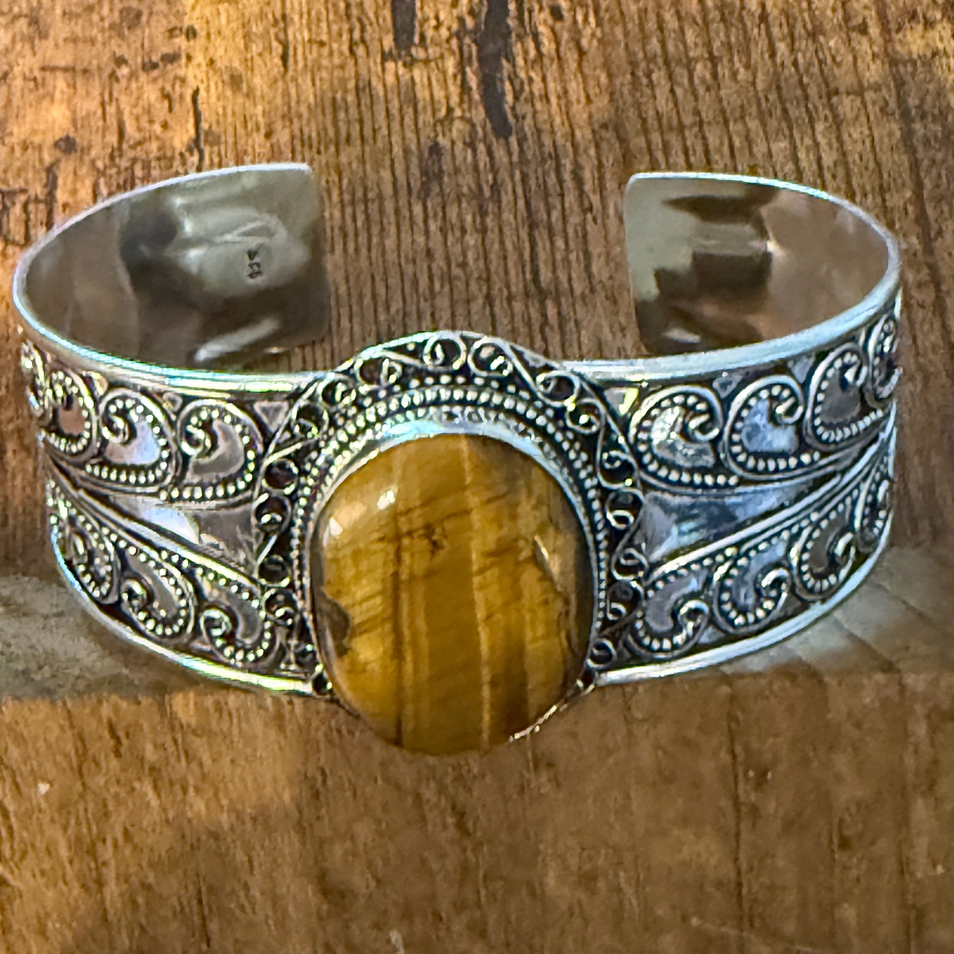 Natural Tiger Eye Gemstone Sterling Silver Cuff Bangle Adjustable Silver Elegant