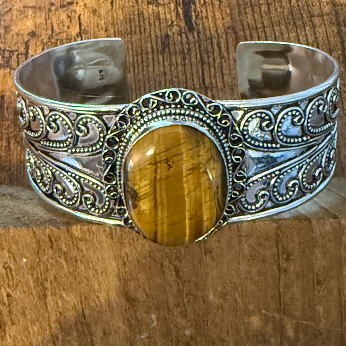 Natural Tiger Eye Gemstone Sterling Silver Cuff Bangle Adjustable Silver Elegant