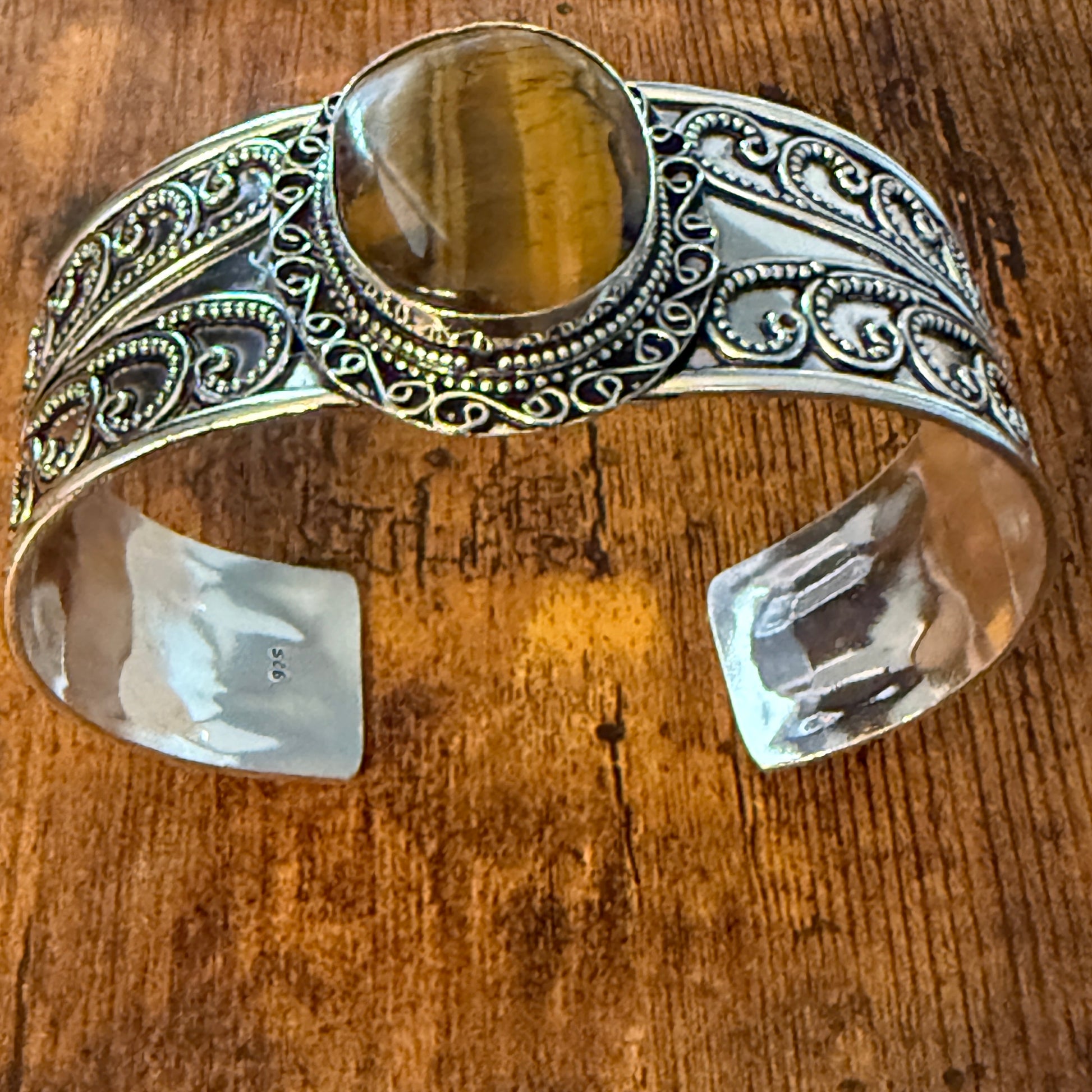 Natural Tiger Eye Gemstone Sterling Silver Cuff Bangle Adjustable Silver Elegant