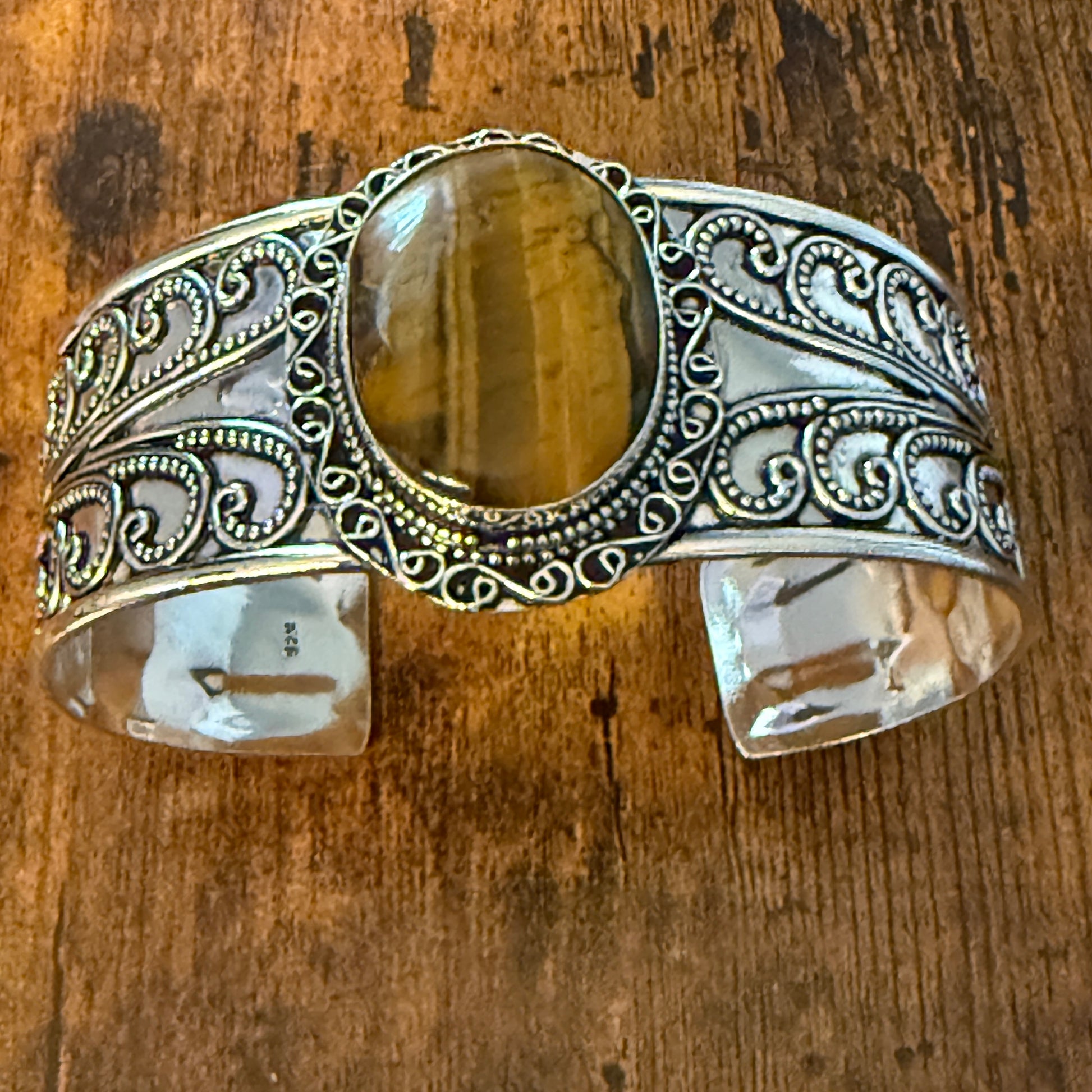 Natural Tiger Eye Gemstone Sterling Silver Cuff Bangle Adjustable Silver Elegant