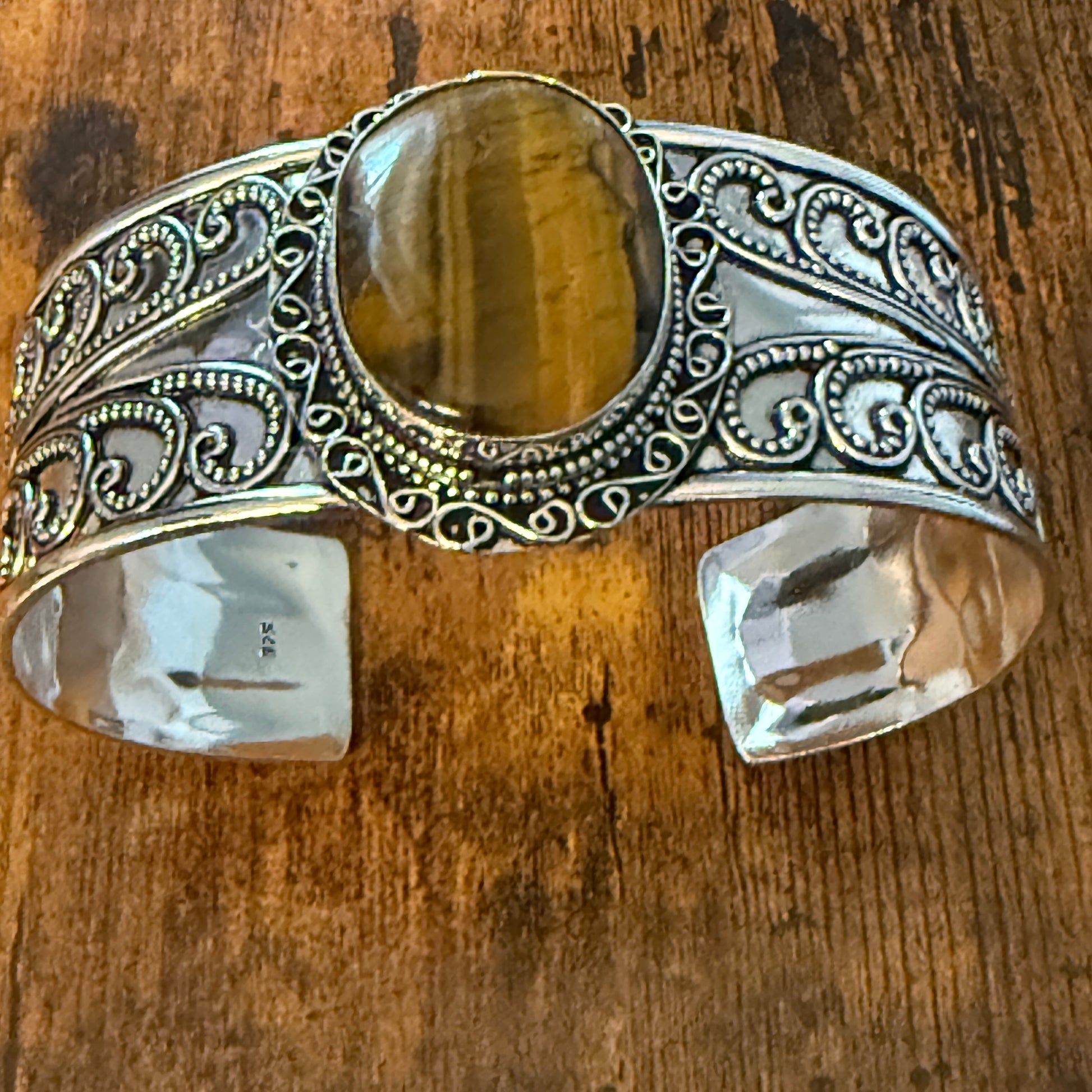 Natural Tiger Eye Gemstone Sterling Silver Cuff Bangle Adjustable Silver Elegant
