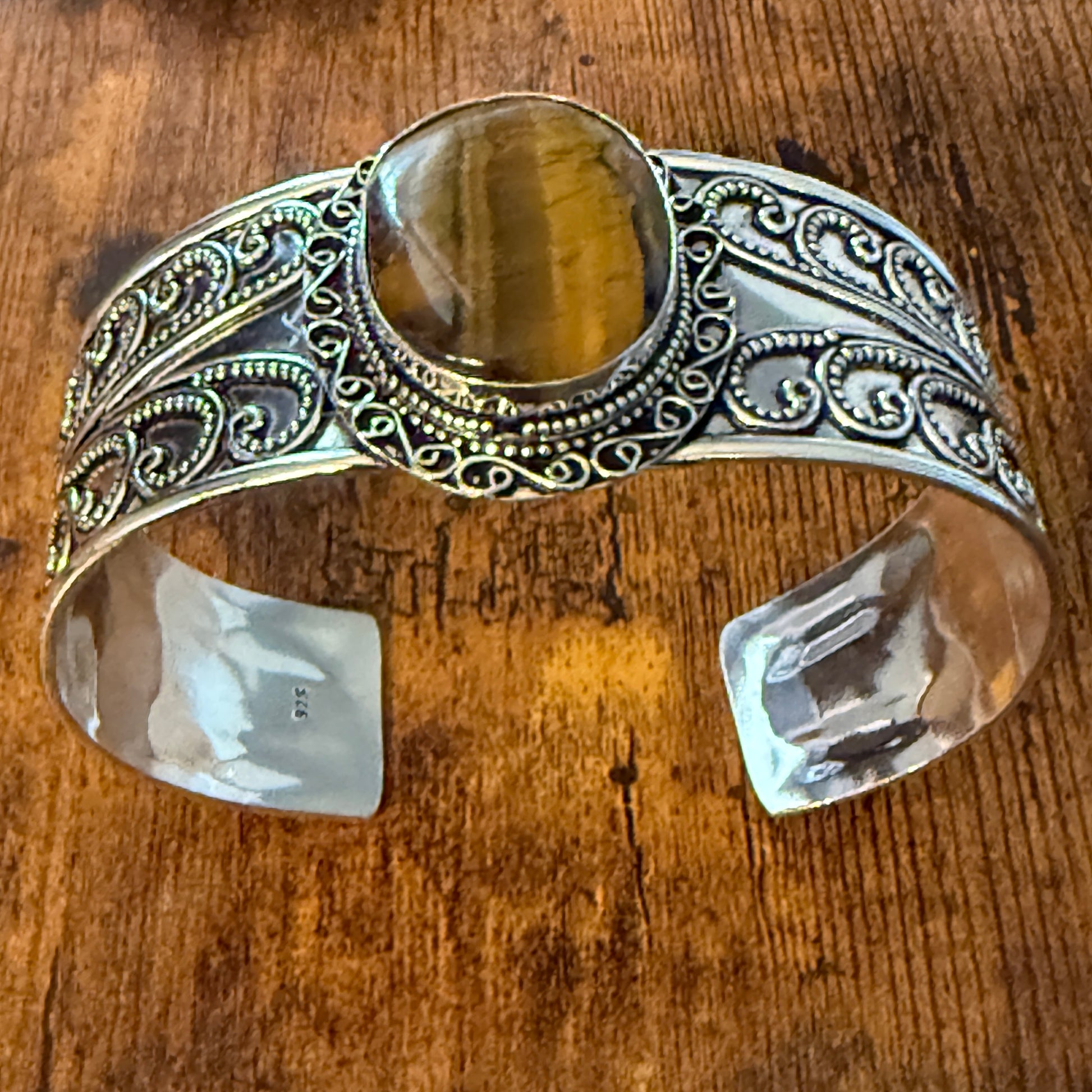 Natural Tiger Eye Gemstone Sterling Silver Cuff Bangle Adjustable Silver Elegant