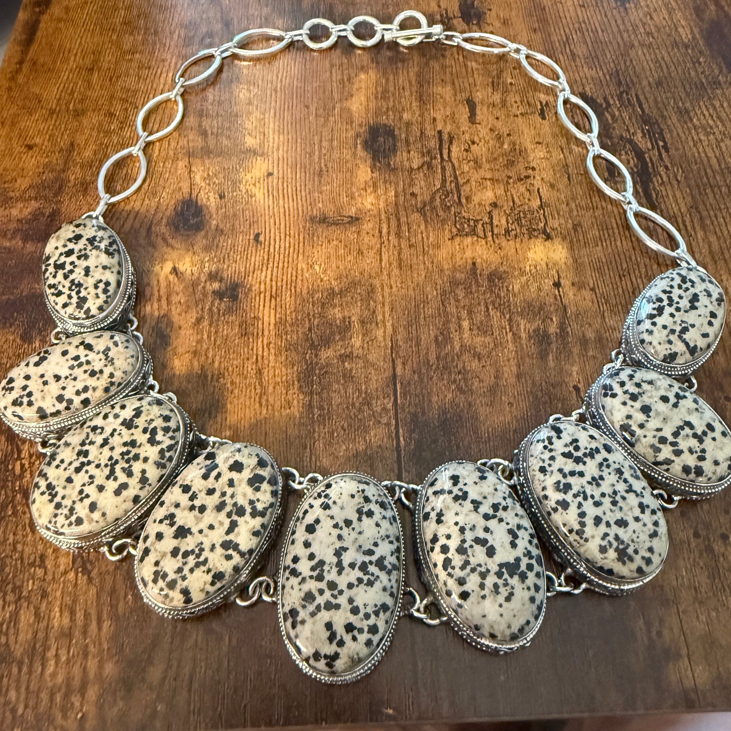 Natural Dalmatian Jasper Vintage Necklace 925 Sterling Silver Chain Silver Elegant