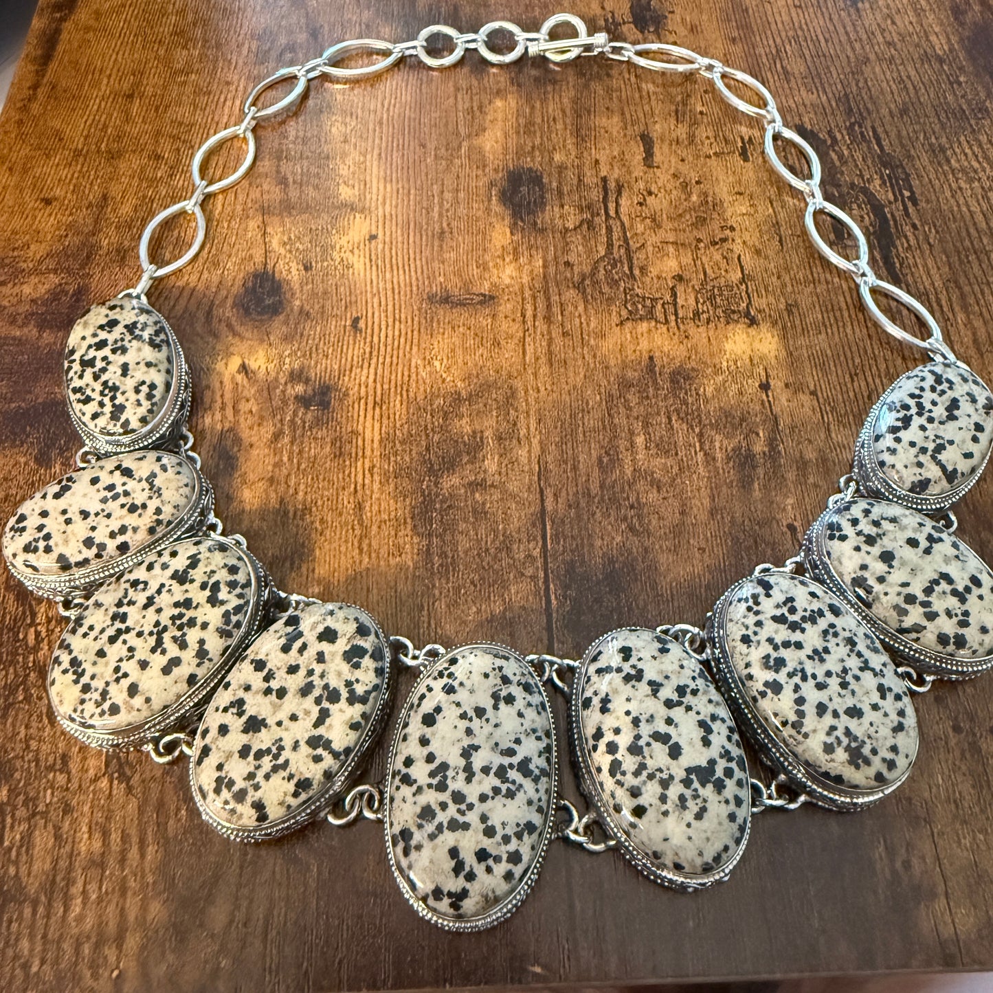 Natural Dalmatian Jasper Vintage Necklace 925 Sterling Silver Chain Silver Elegant