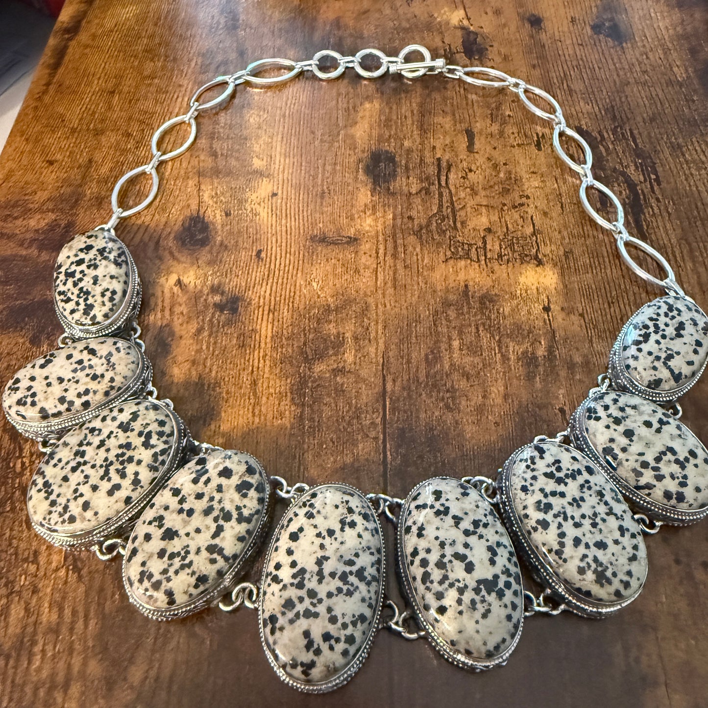 Natural Dalmatian Jasper Vintage Necklace 925 Sterling Silver Chain Silver Elegant