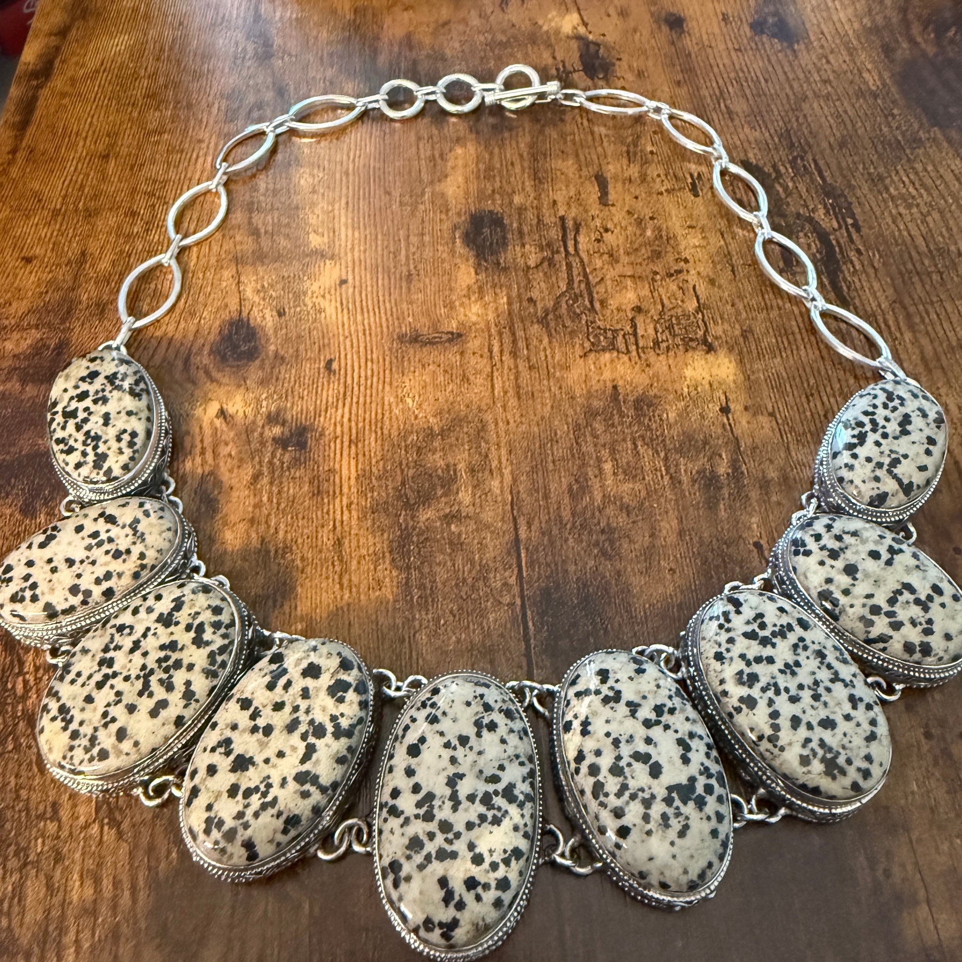 Natural Dalmatian Jasper Vintage Necklace 925 Sterling Silver Chain Silver Elegant