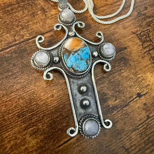 Religion Cross Blue Turquoise Copper Dalhia Oval Natural Stone Rainbow Moonstone Pendant Necklace Silver Elegant
