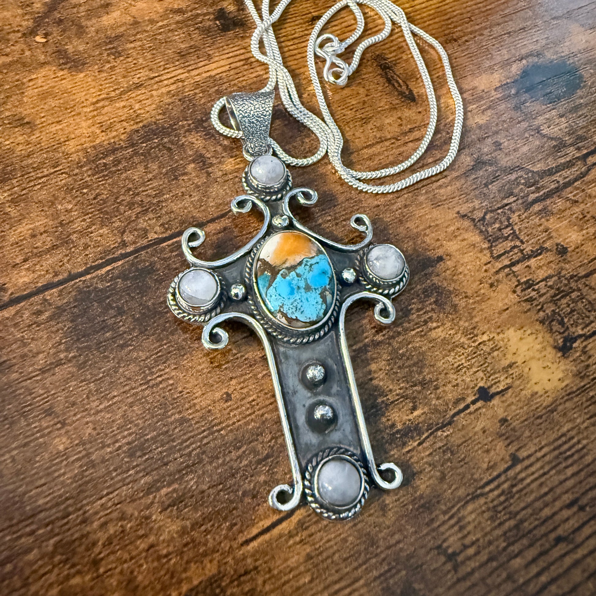 Religion Cross Blue Turquoise Copper Dalhia Oval Natural Stone Rainbow Moonstone Pendant Necklace Silver Elegant