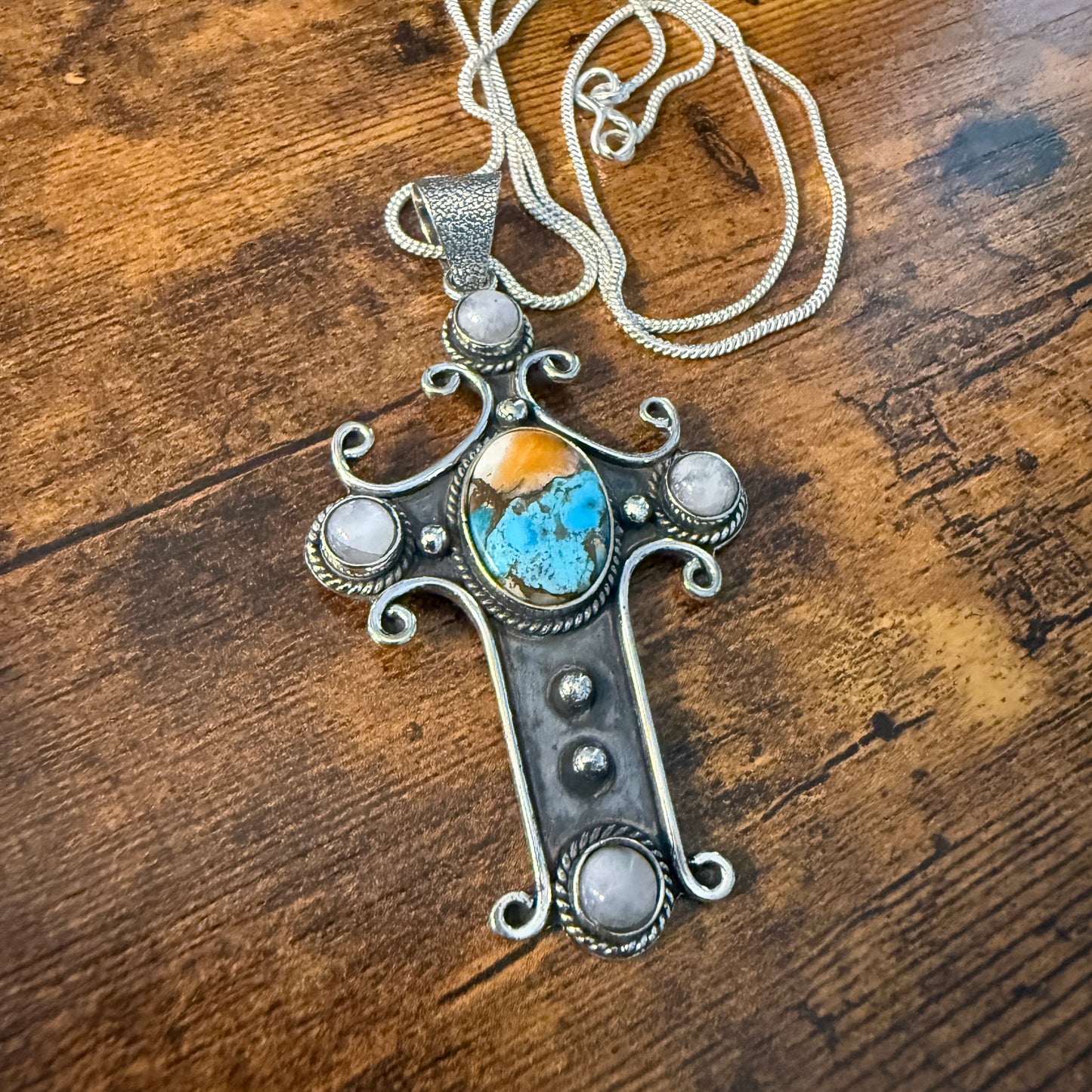 Religion Cross Blue Turquoise Copper Dalhia Oval Natural Stone Rainbow Moonstone Pendant Necklace Silver Elegant