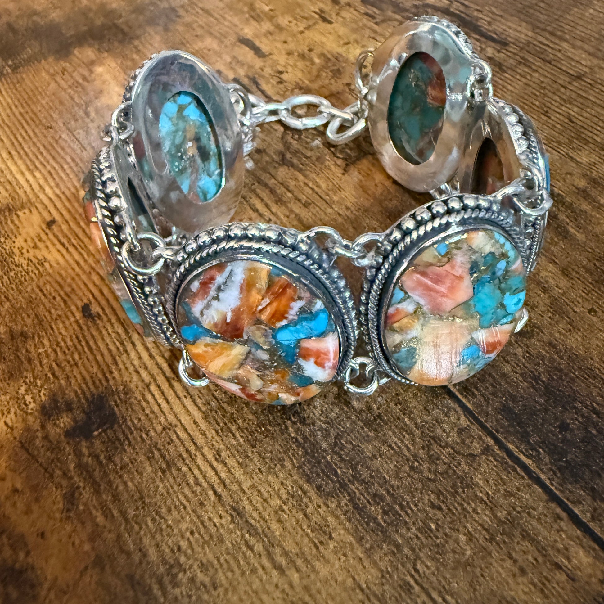 Natural Spiny Oyster Copper Turquoise Sterling Silver Vintage Link Bracelet Silver Elegant