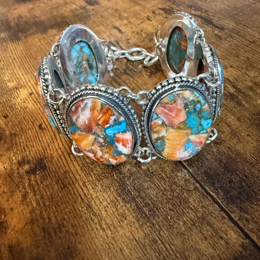 Natural Spiny Oyster Copper Turquoise Sterling Silver Vintage Link Bracelet Silver Elegant