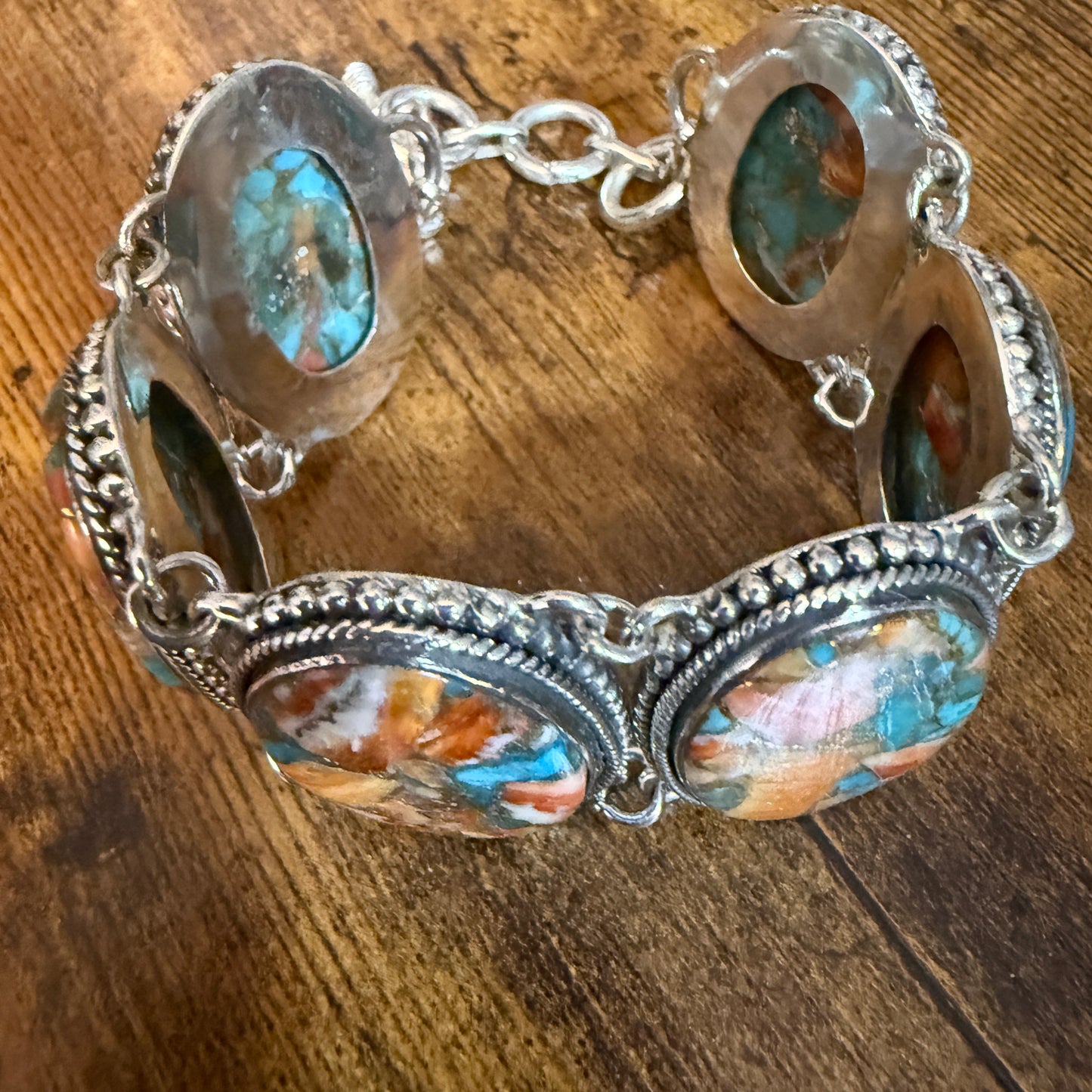 Natural Spiny Oyster Copper Turquoise Sterling Silver Vintage Link Bracelet Silver Elegant