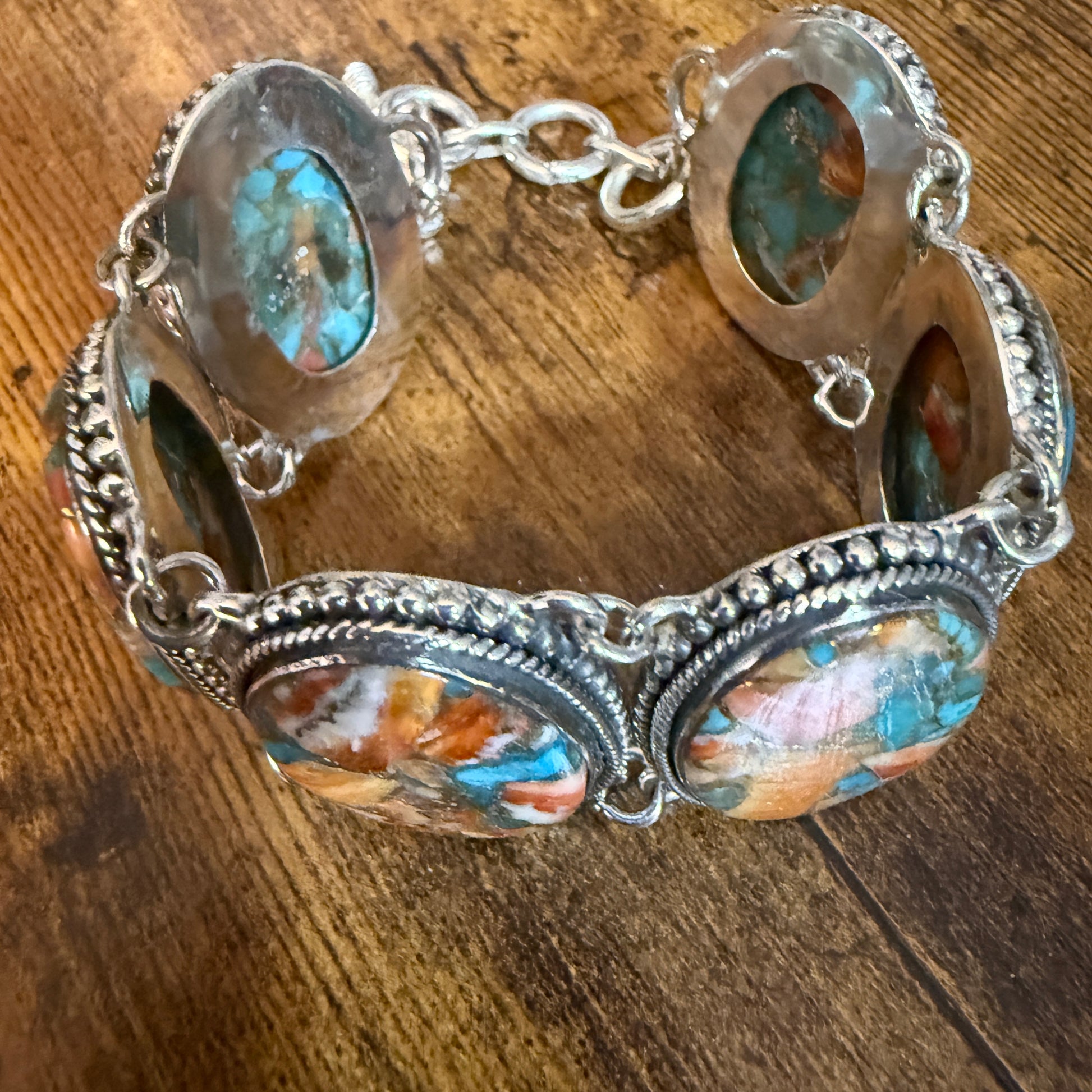 Natural Spiny Oyster Copper Turquoise Sterling Silver Vintage Link Bracelet Silver Elegant
