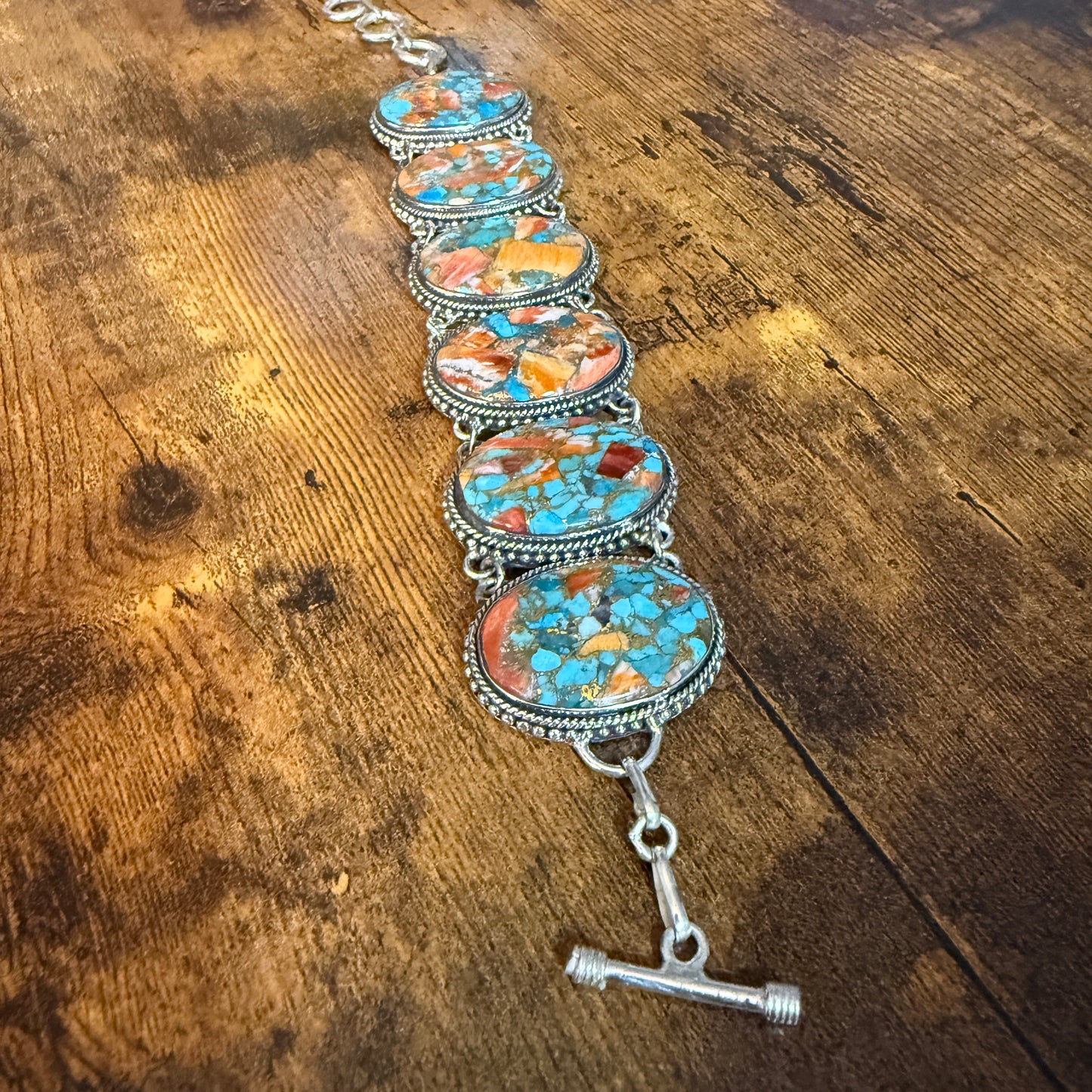 Natural Spiny Oyster Copper Turquoise Sterling Silver Vintage Link Bracelet Silver Elegant