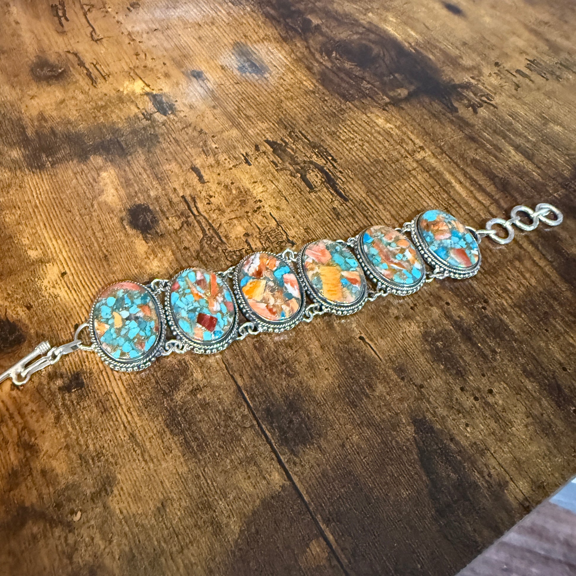 Natural Spiny Oyster Copper Turquoise Sterling Silver Vintage Link Bracelet Silver Elegant