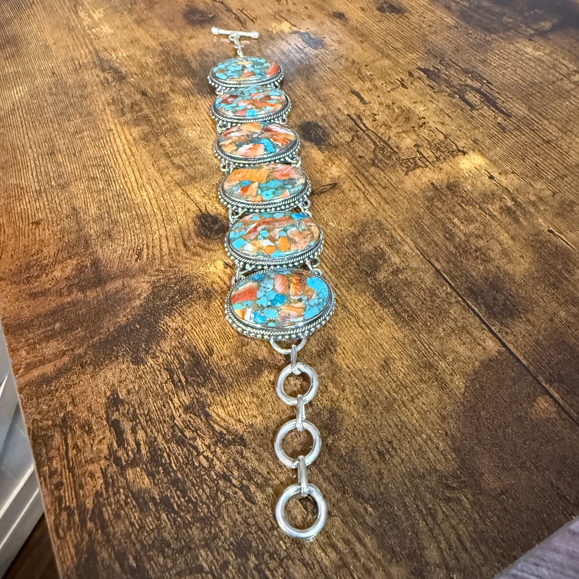 Natural Spiny Oyster Copper Turquoise Sterling Silver Vintage Link Bracelet Silver Elegant
