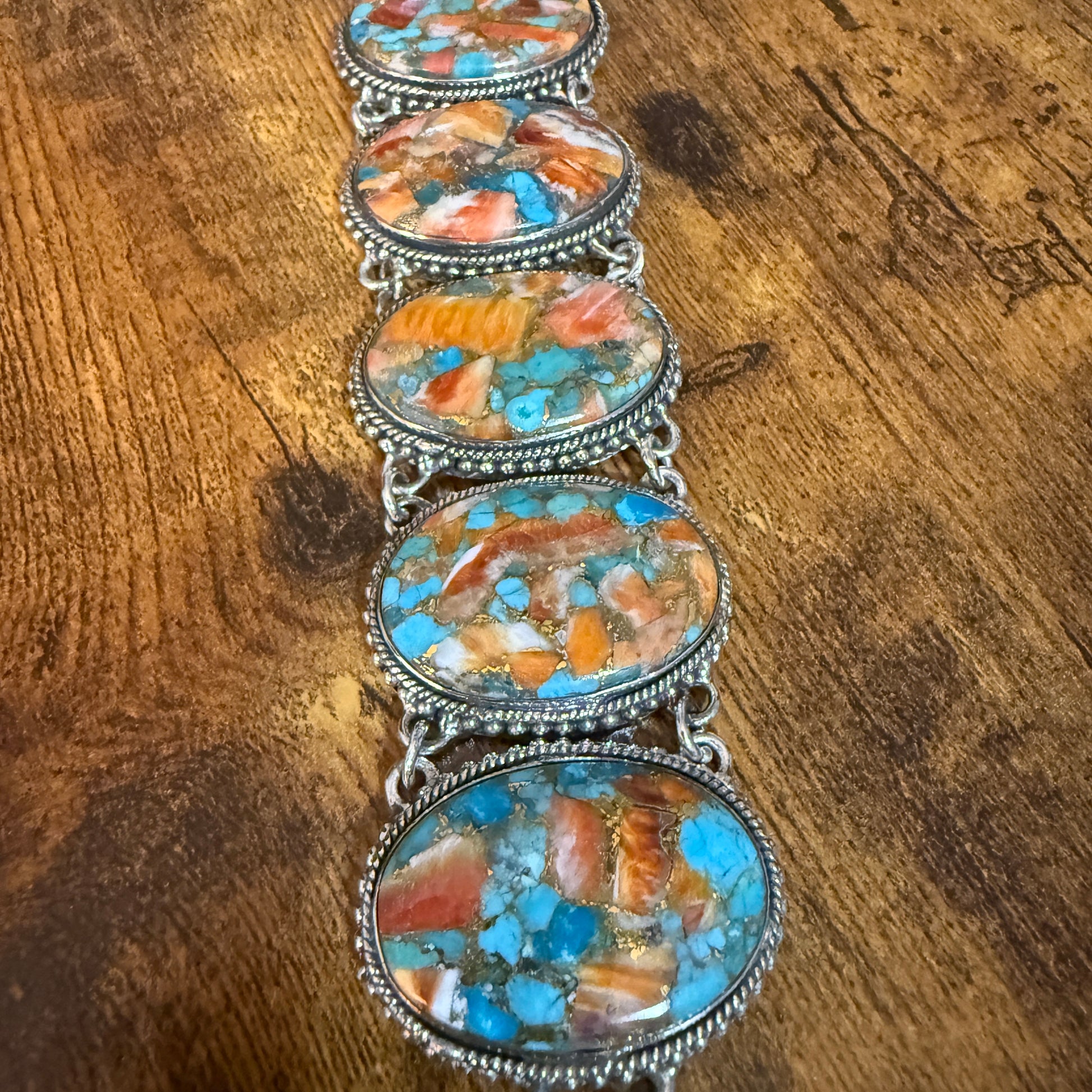 Natural Spiny Oyster Copper Turquoise Sterling Silver Vintage Link Bracelet Silver Elegant