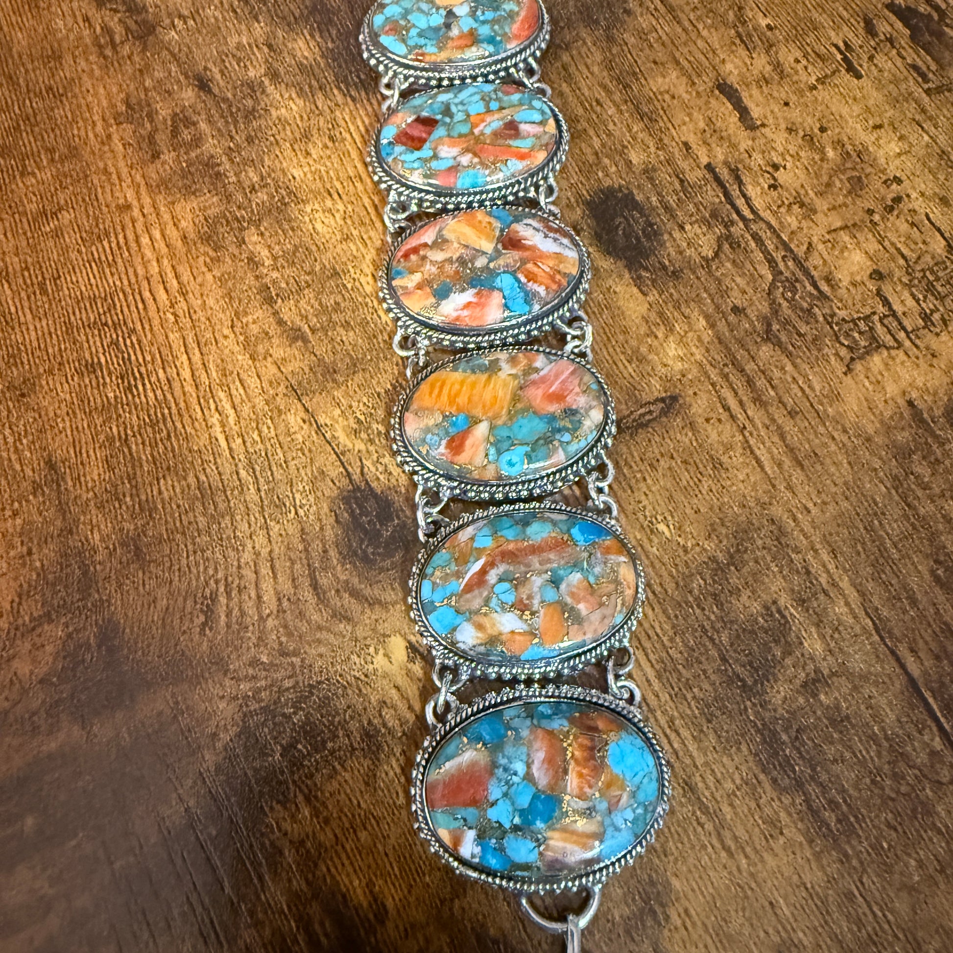 Natural Spiny Oyster Copper Turquoise Sterling Silver Vintage Link Bracelet Silver Elegant