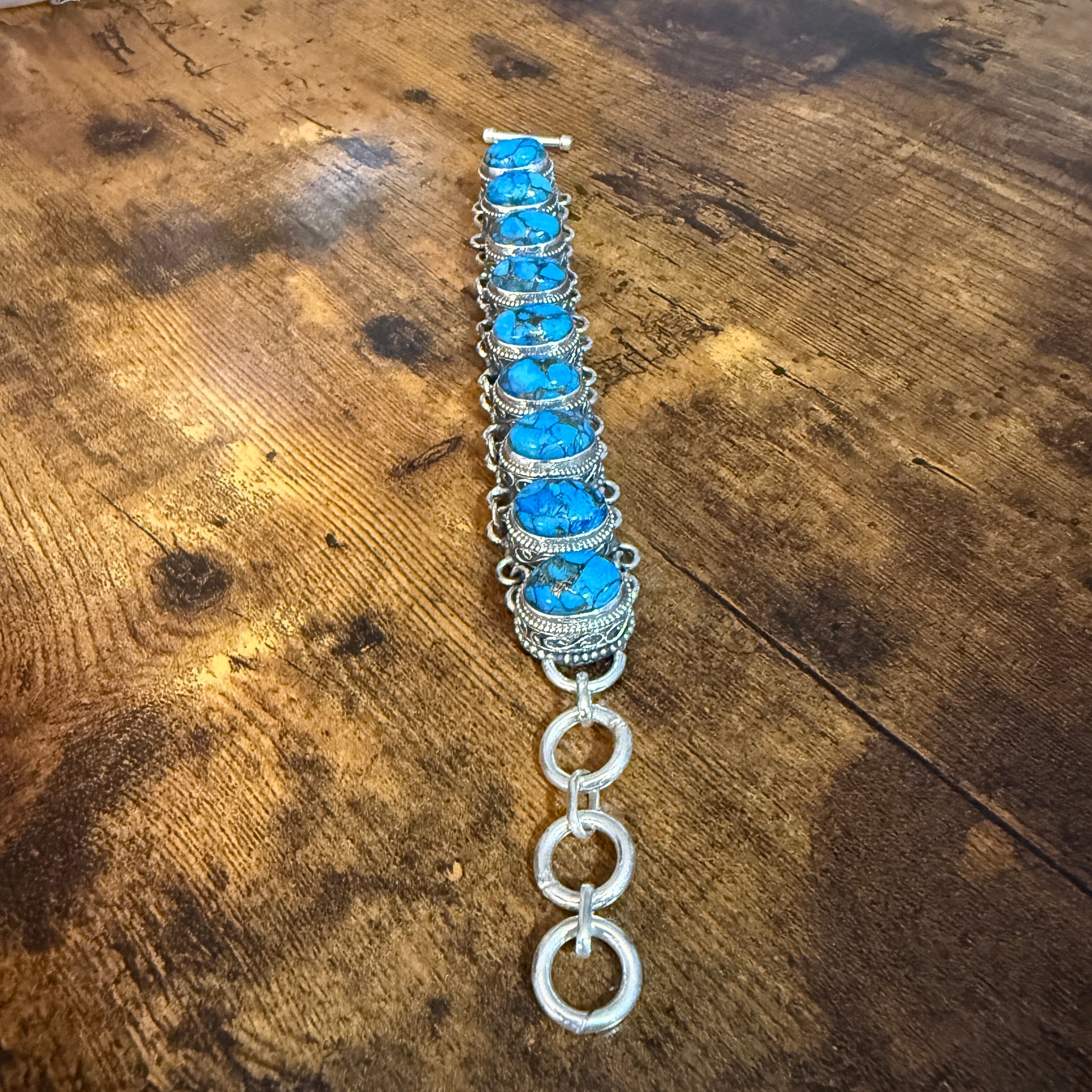 Blue Copper Turquoise Dalhia Gemstone Sterling Silver Vintage Link Bracelet Silver Elegant