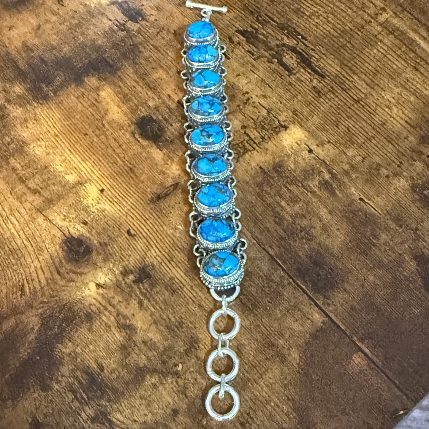 Blue Copper Turquoise Dalhia Gemstone Sterling Silver Vintage Link Bracelet Silver Elegant
