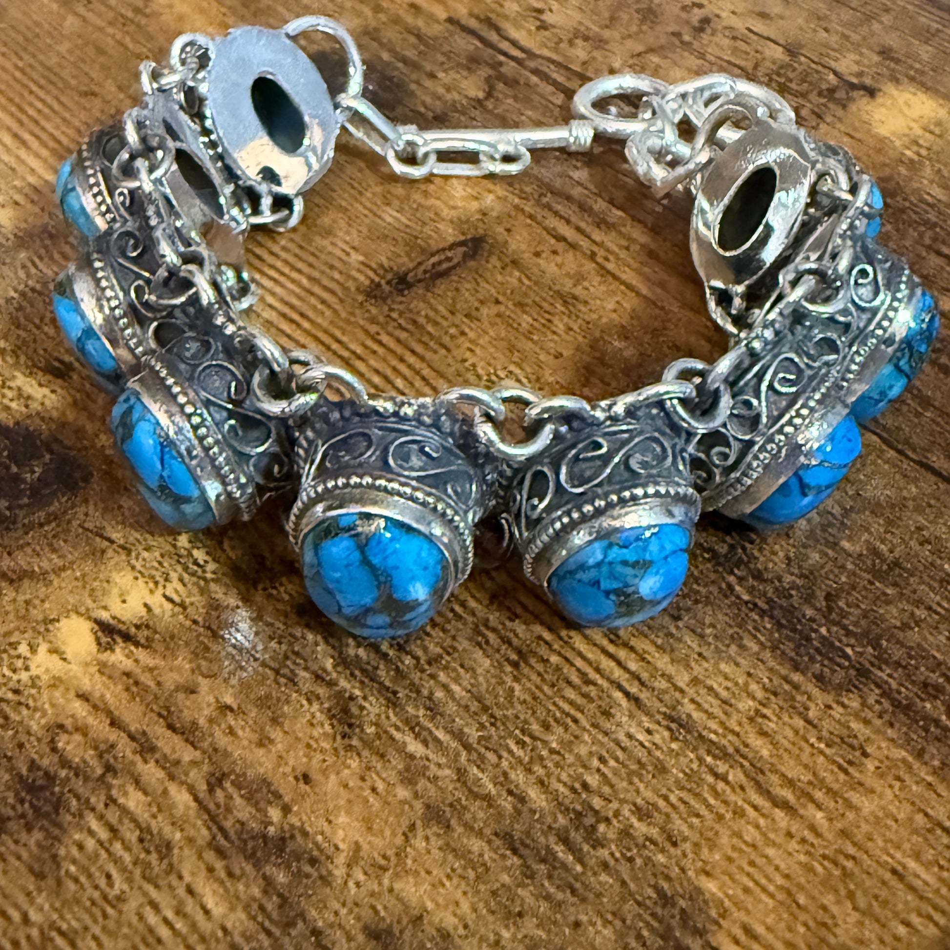 Blue Copper Turquoise Dalhia Gemstone Sterling Silver Vintage Link Bracelet Silver Elegant