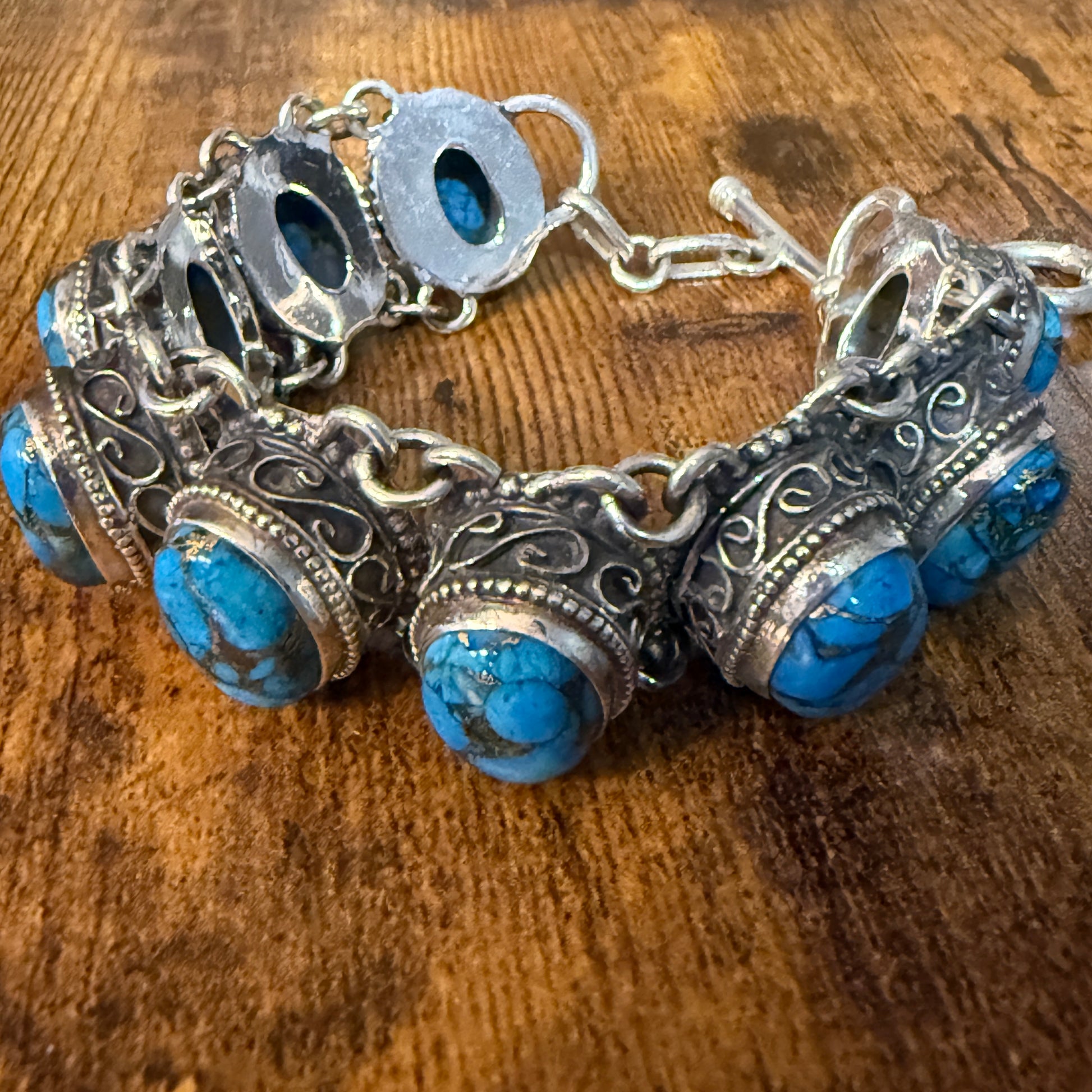 Blue Copper Turquoise Dalhia Gemstone Sterling Silver Vintage Link Bracelet Silver Elegant
