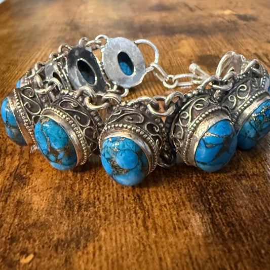Blue Copper Turquoise Dalhia Gemstone Sterling Silver Vintage Link Bracelet Silver Elegant