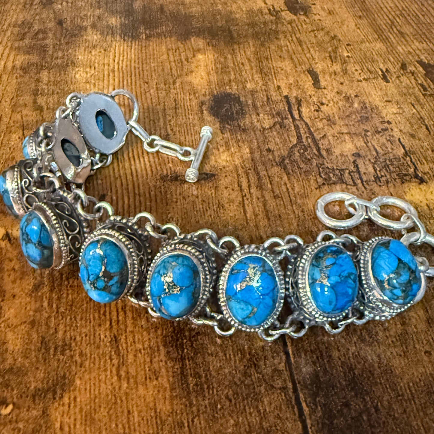 Blue Copper Turquoise Dalhia Gemstone Sterling Silver Vintage Link Bracelet Silver Elegant