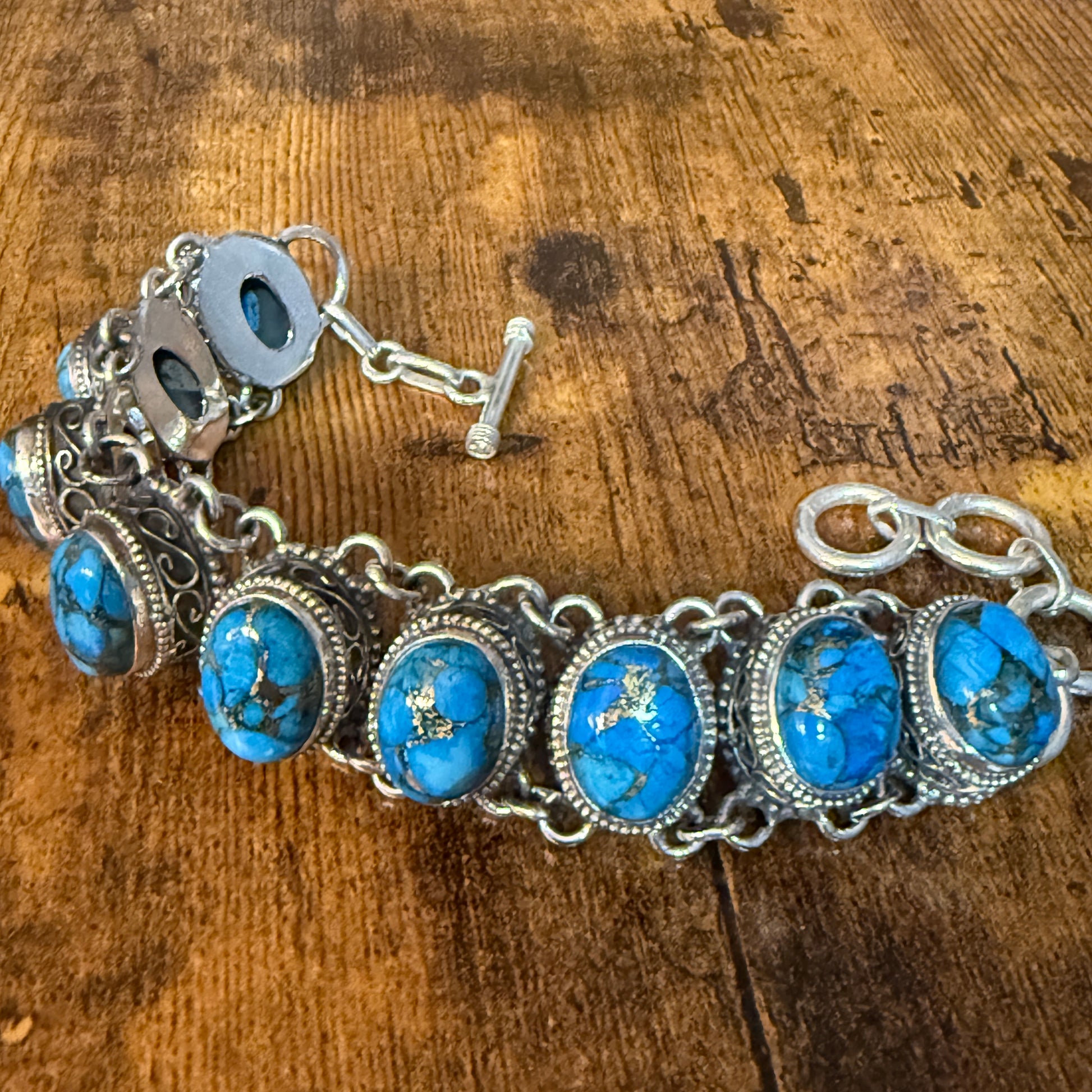 Blue Copper Turquoise Dalhia Gemstone Sterling Silver Vintage Link Bracelet Silver Elegant