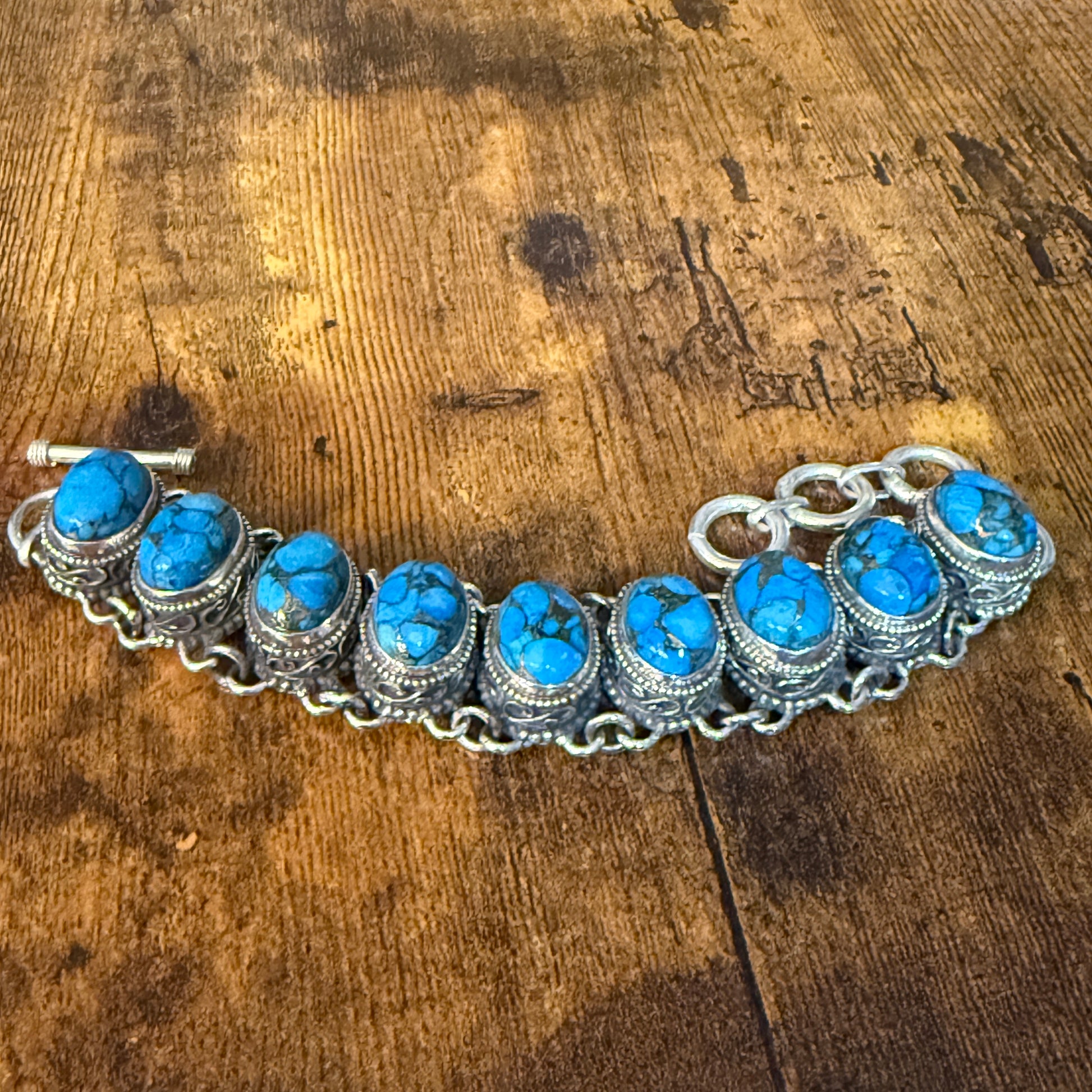 Blue Copper Turquoise Dalhia Gemstone Sterling Silver Vintage Link Bracelet Silver Elegant