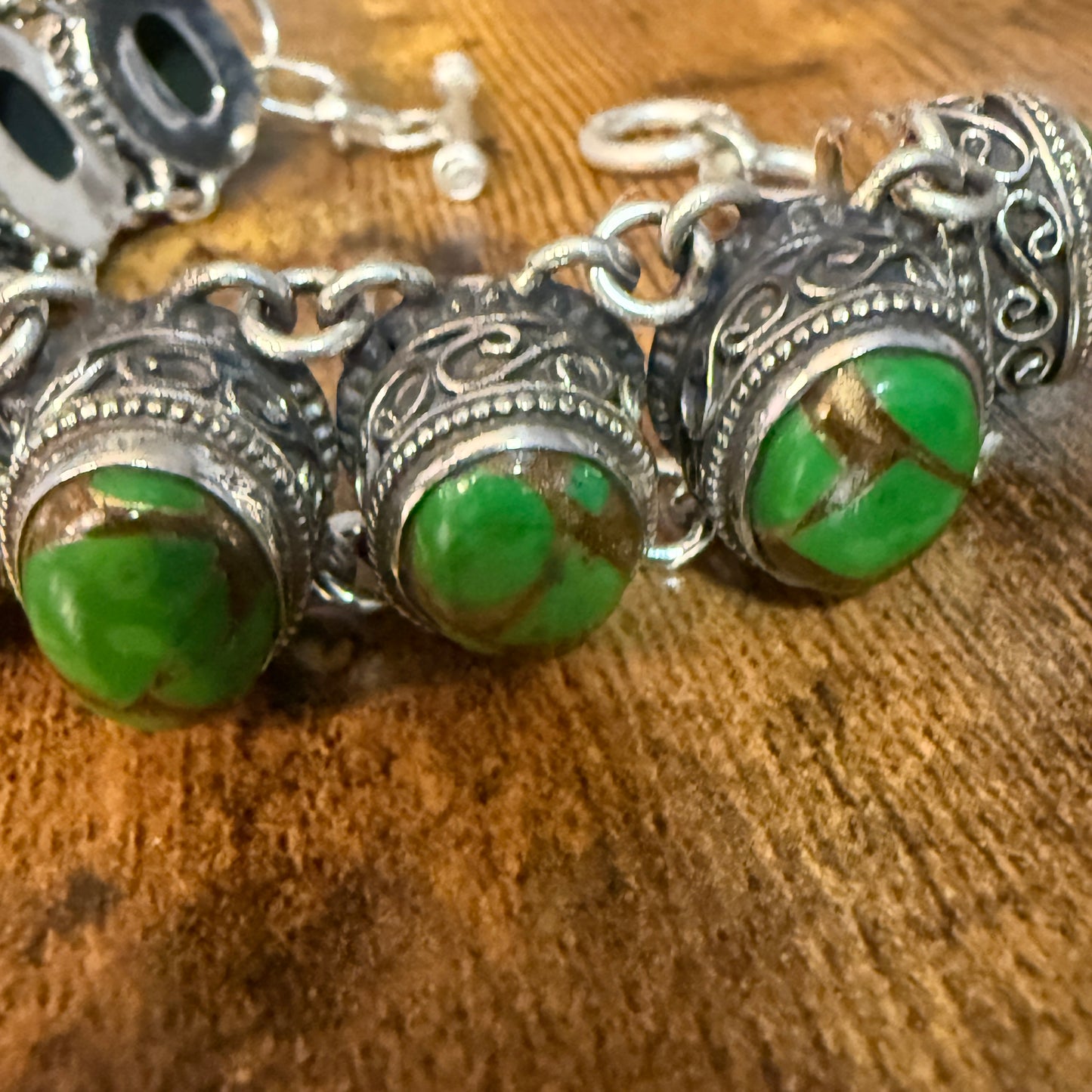 Natural Green Copper Dalhia Turquoise Link 925 Sterling Silver Vintage Bracelet Silver Elegant