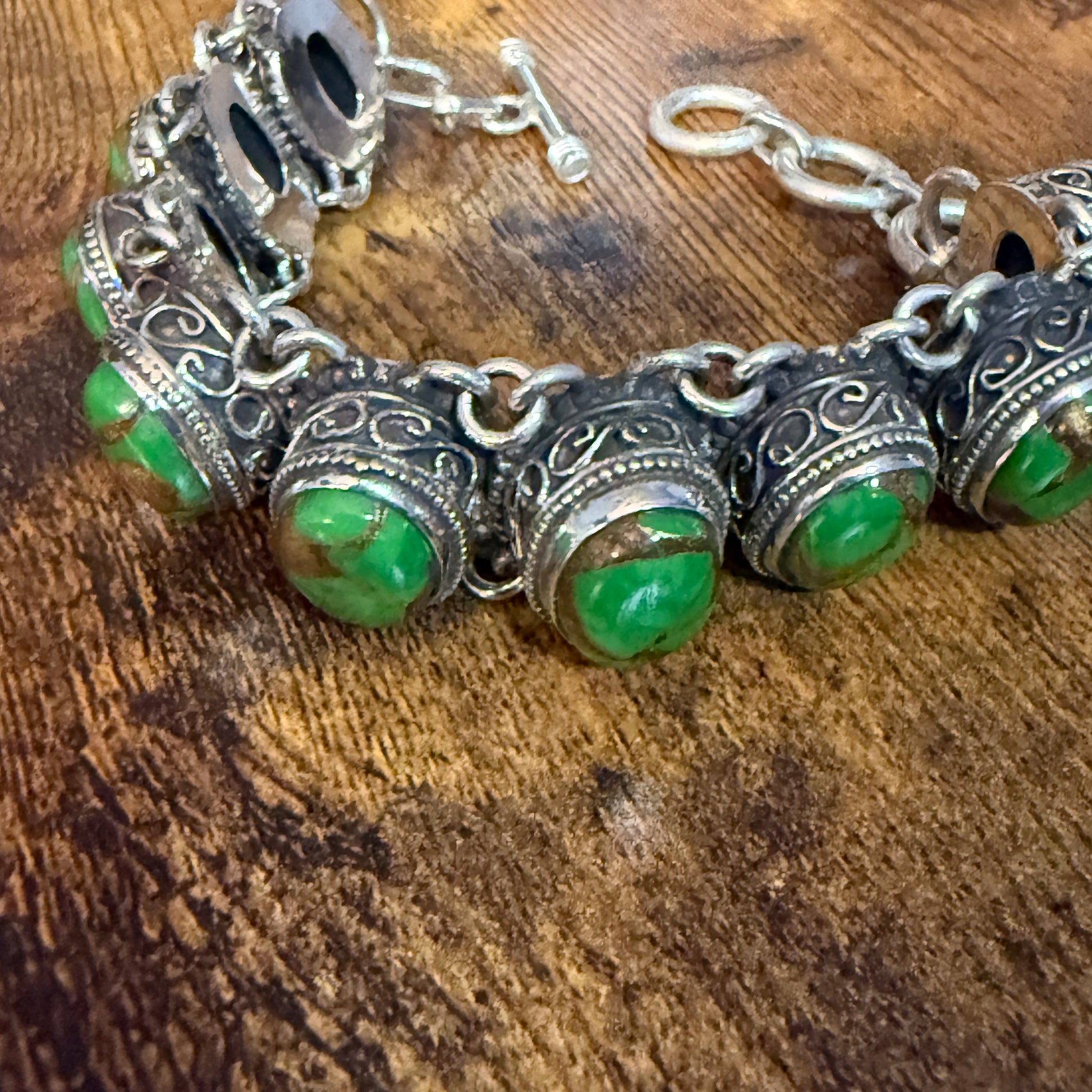 Natural Green Copper Dalhia Turquoise Link 925 Sterling Silver Vintage Bracelet Silver Elegant