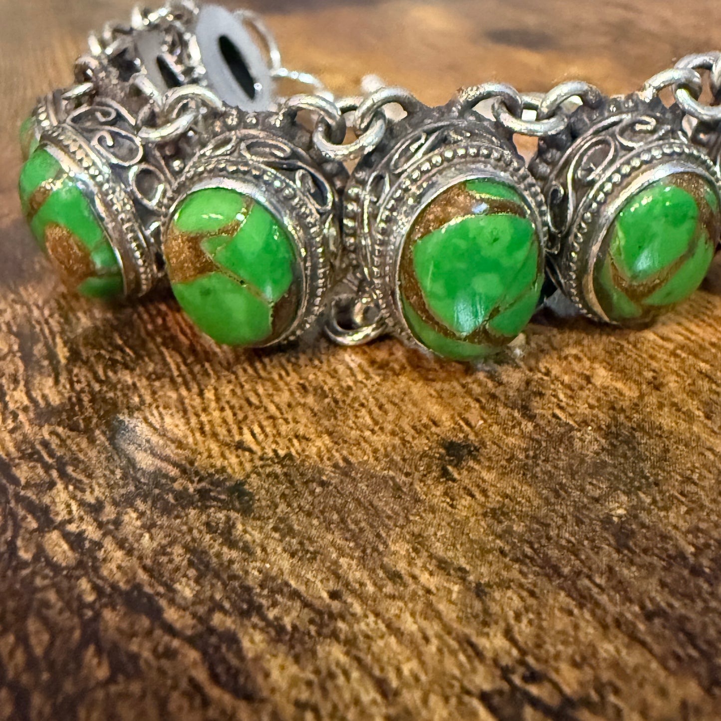 Natural Green Copper Dalhia Turquoise Link 925 Sterling Silver Vintage Bracelet Silver Elegant